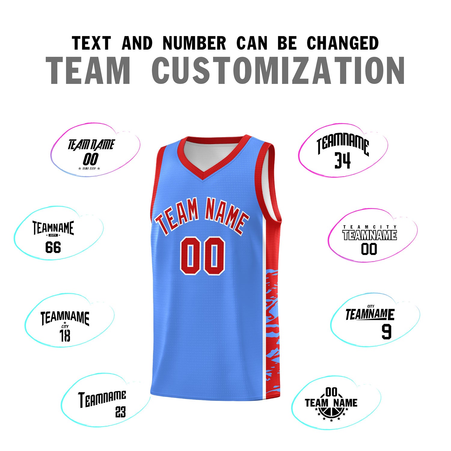 Custom Powder Blue Red Side Gradient Pattern Basketball Kits