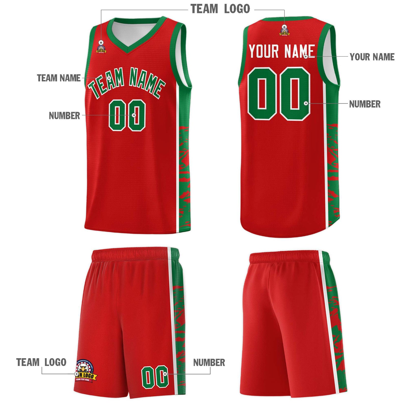 Custom Red Kelly Green Side Gradient Pattern Basketball Kits
