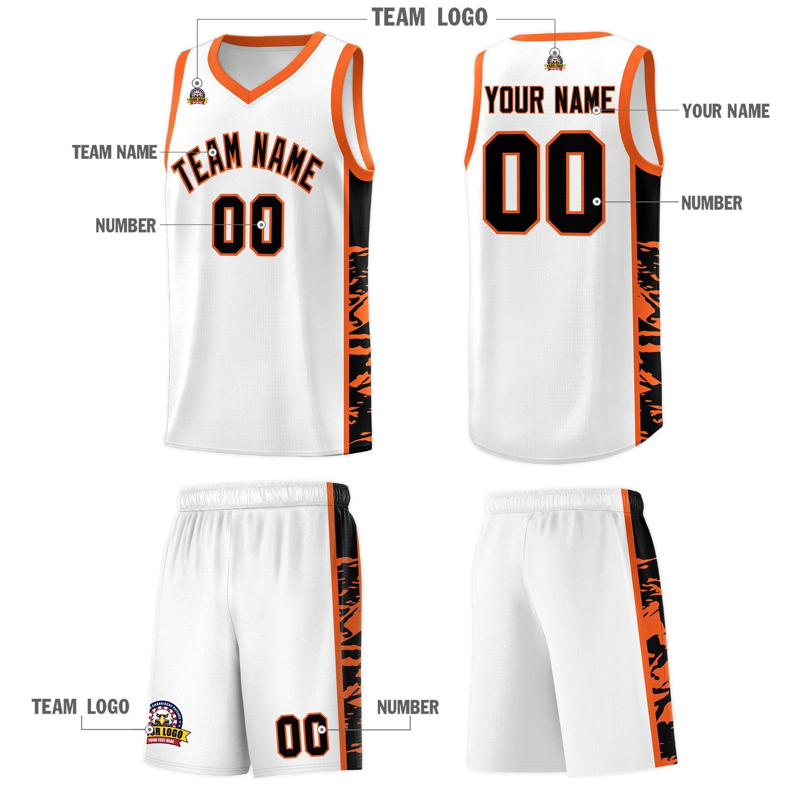 Custom White Orange Side Gradient Pattern Basketball Kits