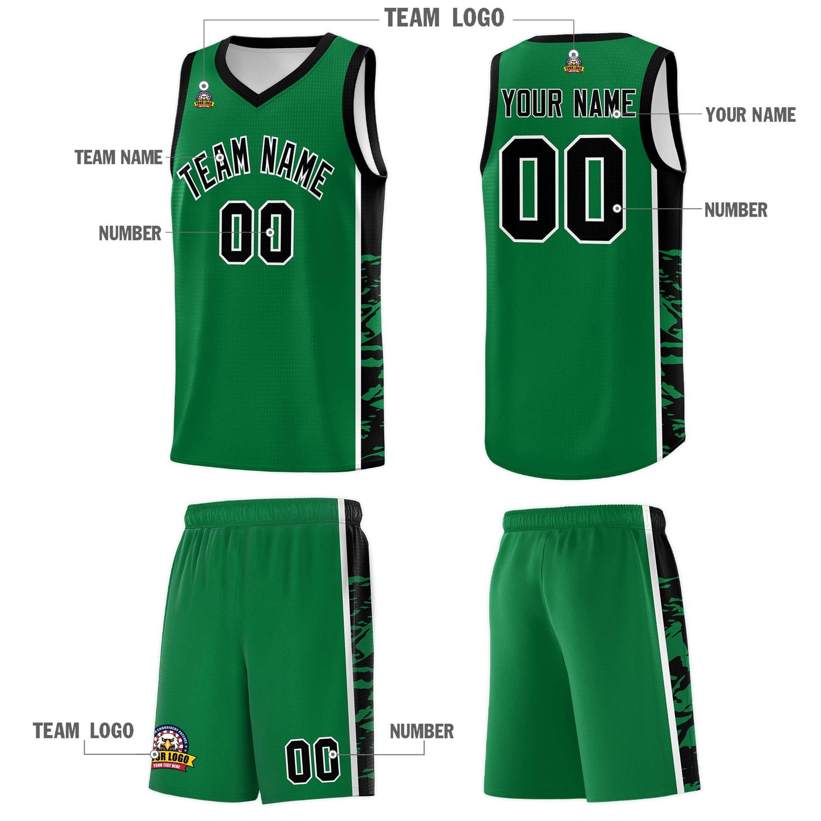 Custom Kelly Green Black Side Gradient Pattern Basketball Kits