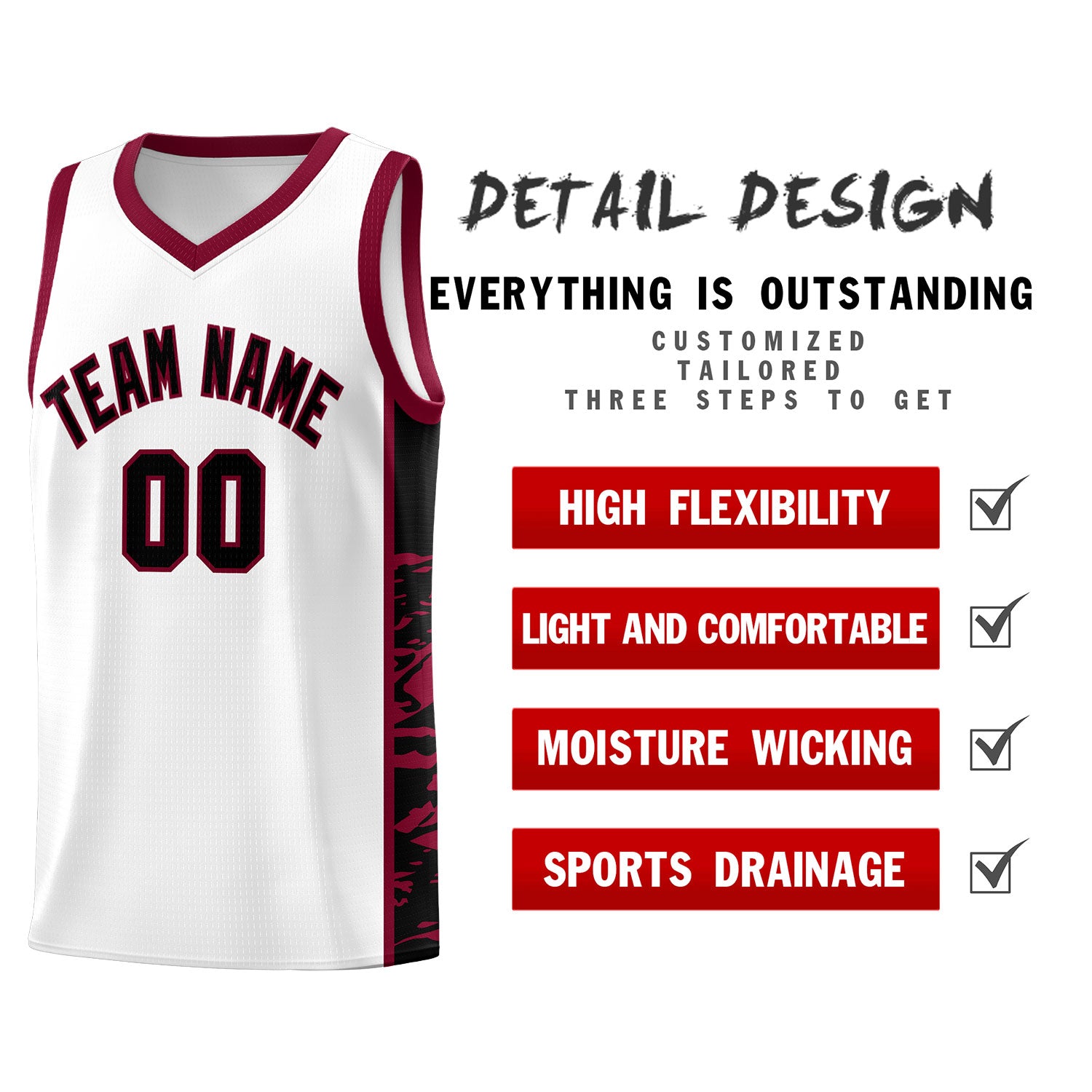 Custom White Crimson Side Gradient Pattern Basketball Kits