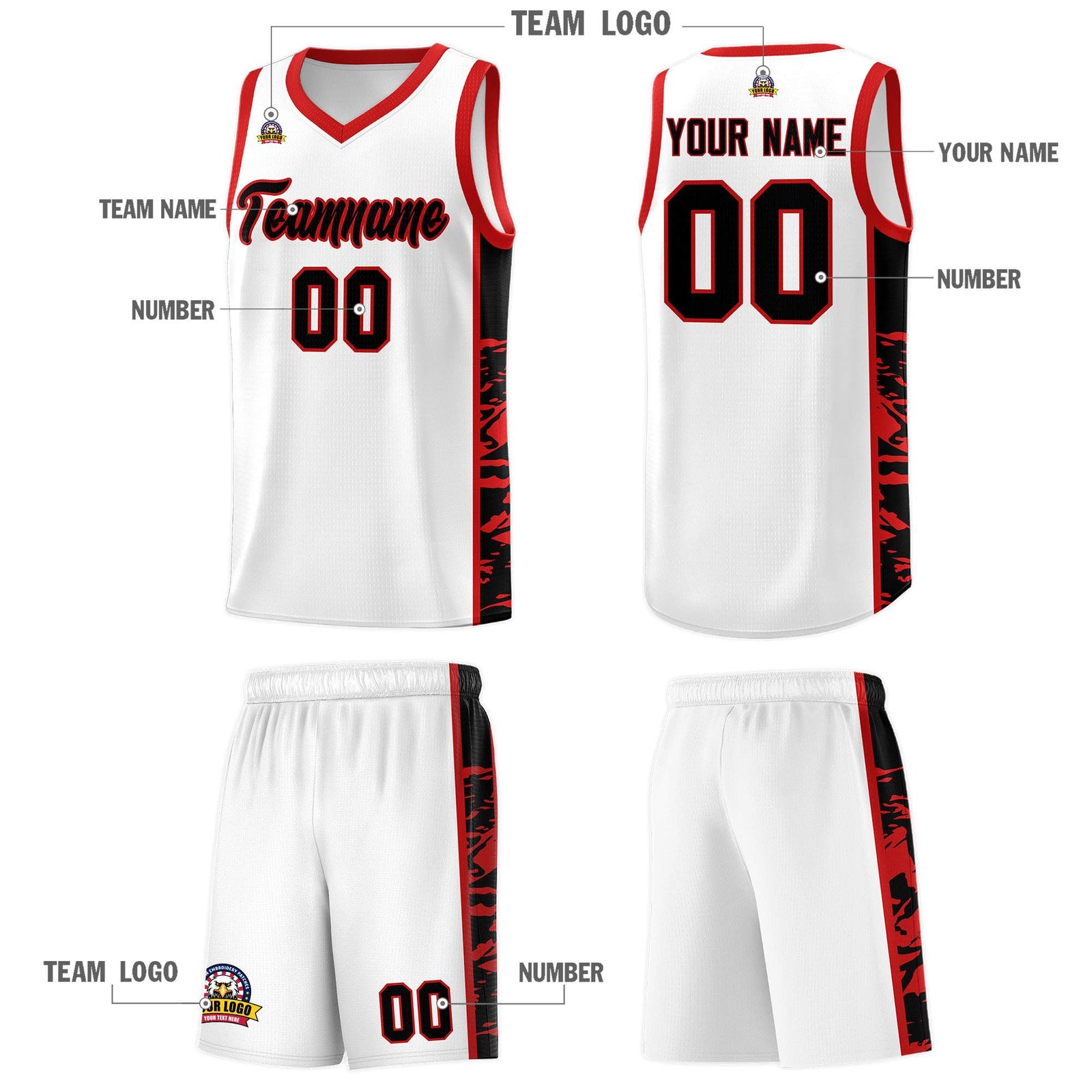 Custom White Red Side Gradient Pattern Basketball Kits