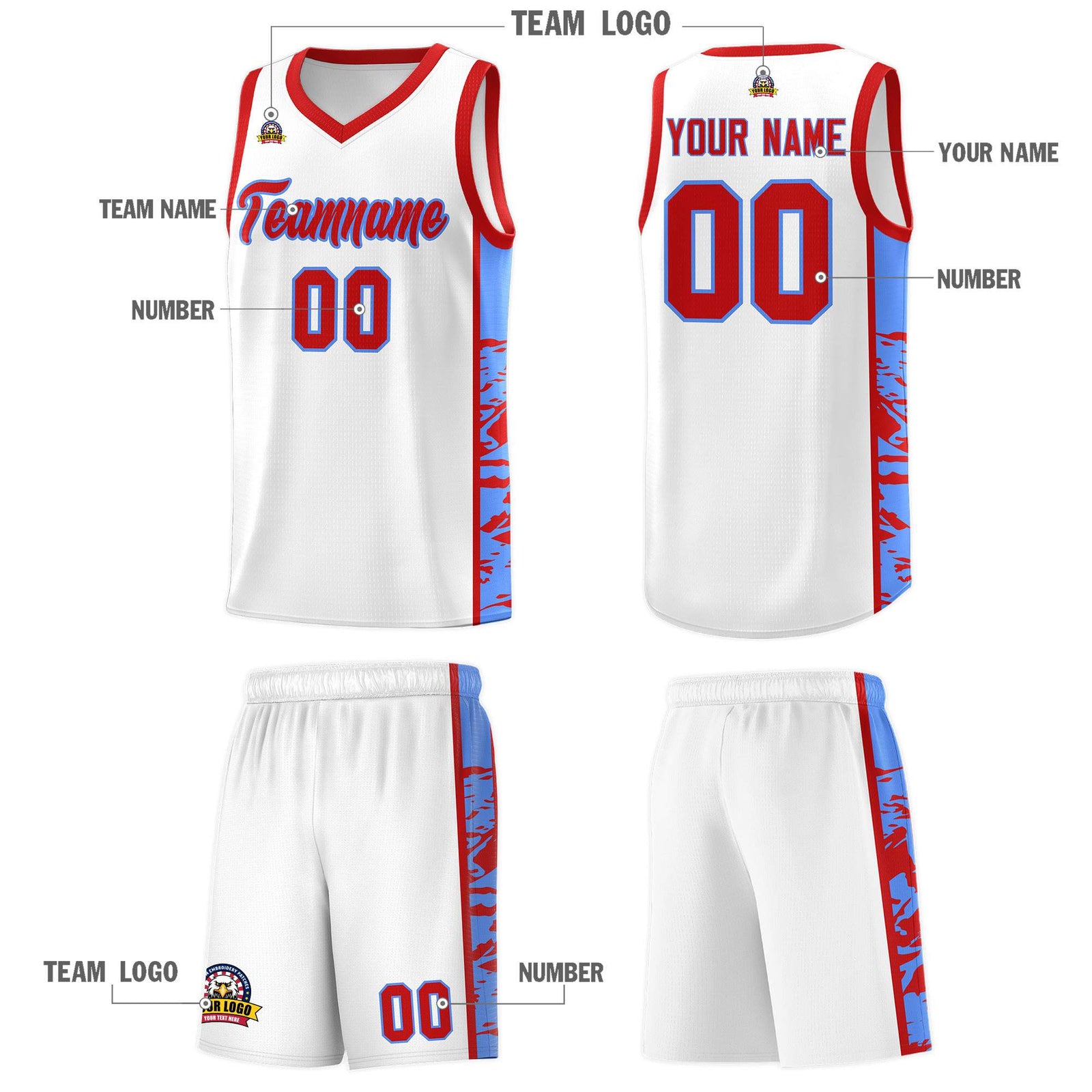 Custom White Red Side Gradient Pattern Basketball Kits