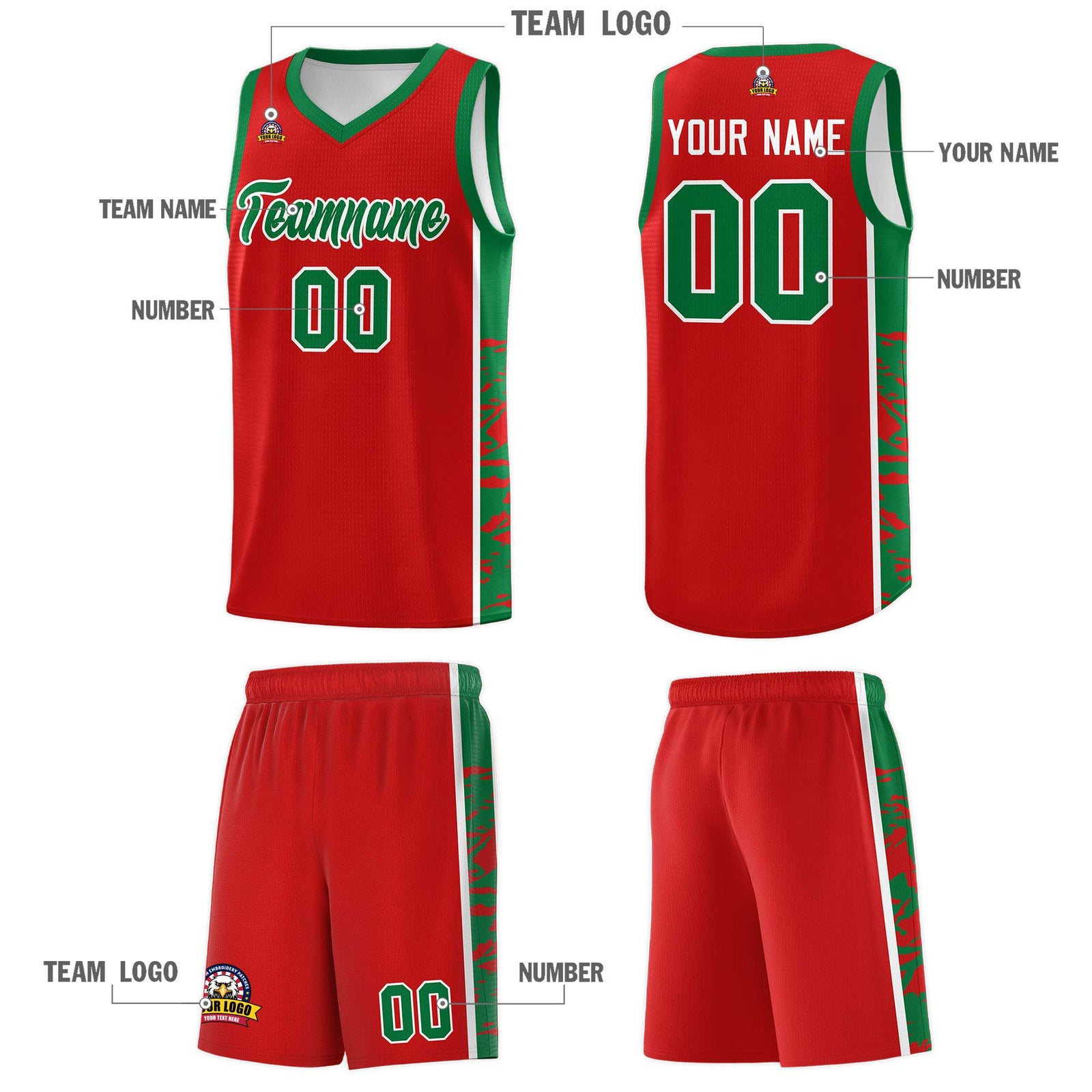 Custom Red Kelly Green Side Gradient Pattern Basketball Kits