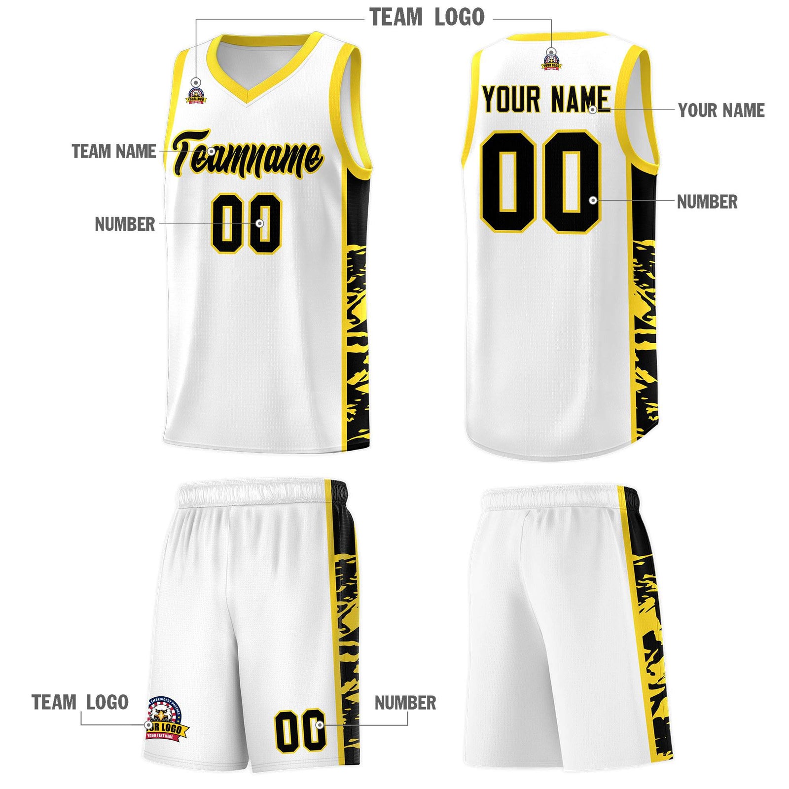 Custom White Gold Side Gradient Pattern Basketball Kits