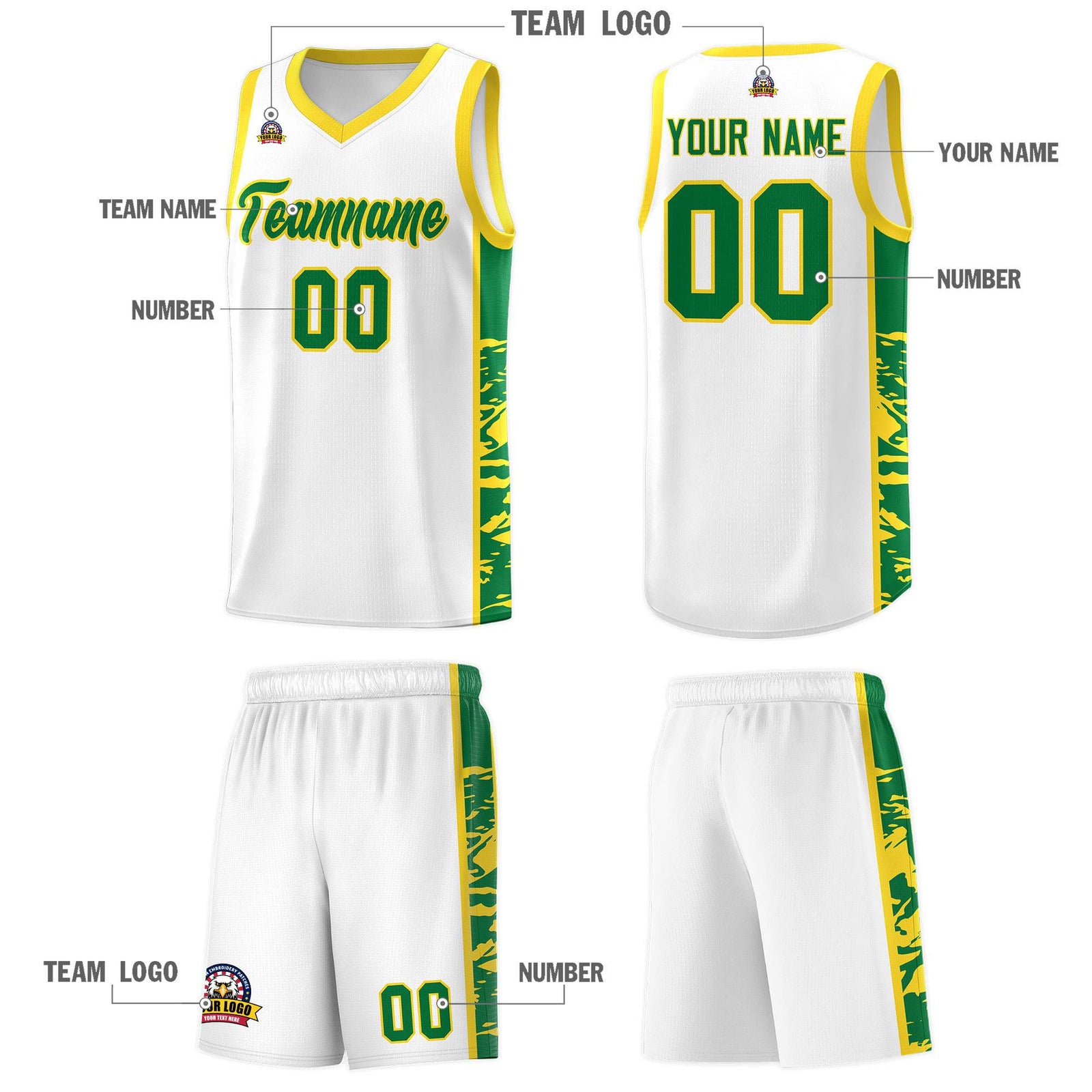 Custom White Gold Side Gradient Pattern Basketball Kits
