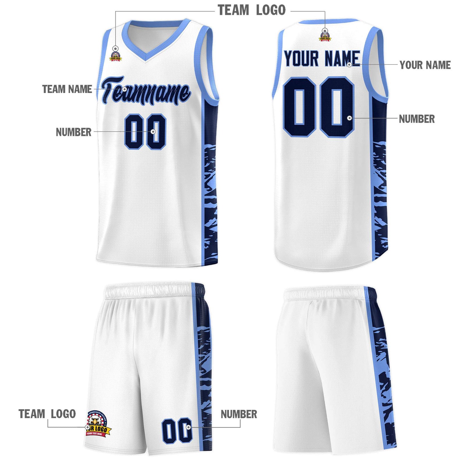 Custom White Light Blue Side Gradient Pattern Basketball Kits