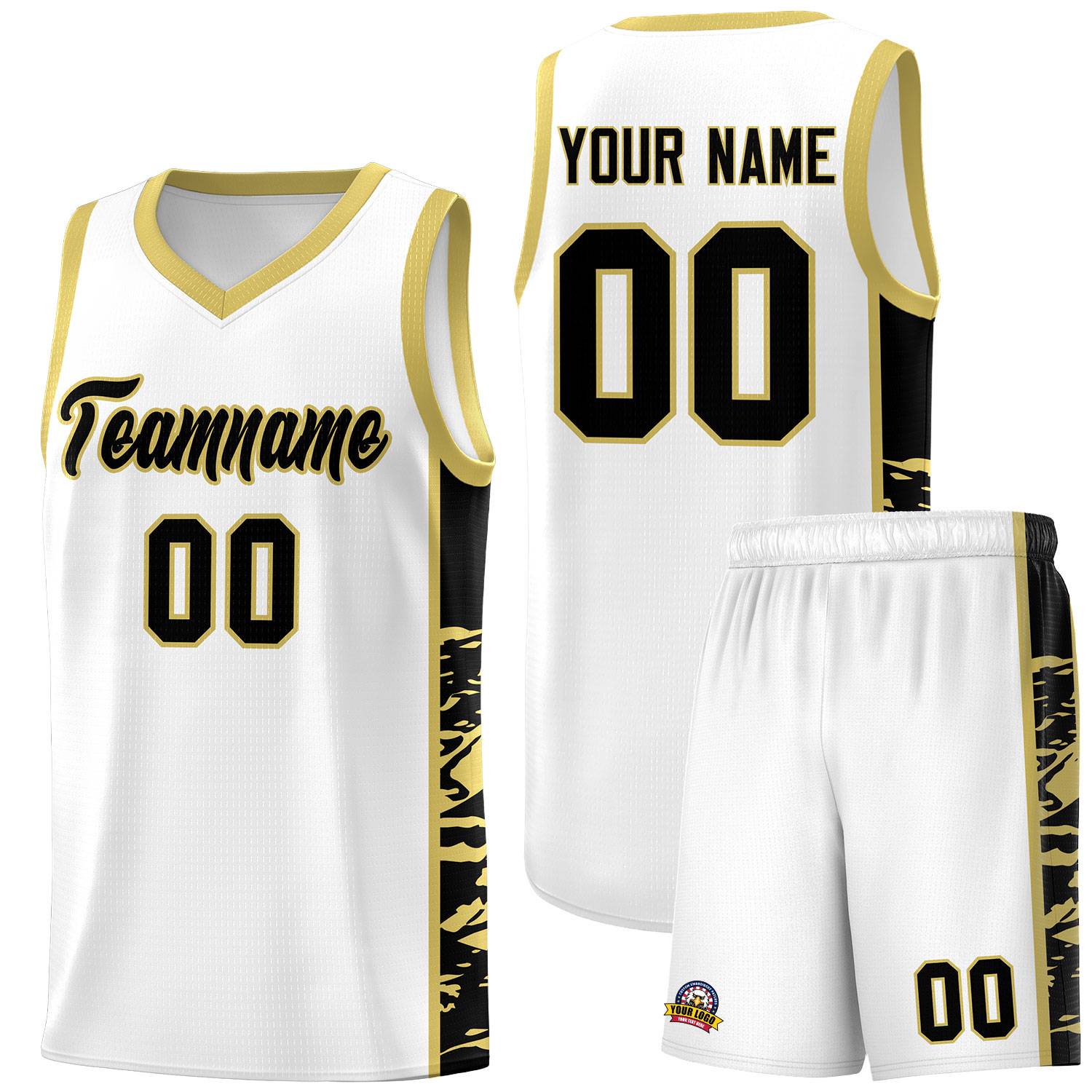 Custom White Old Gold Side Gradient Pattern Basketball Kits