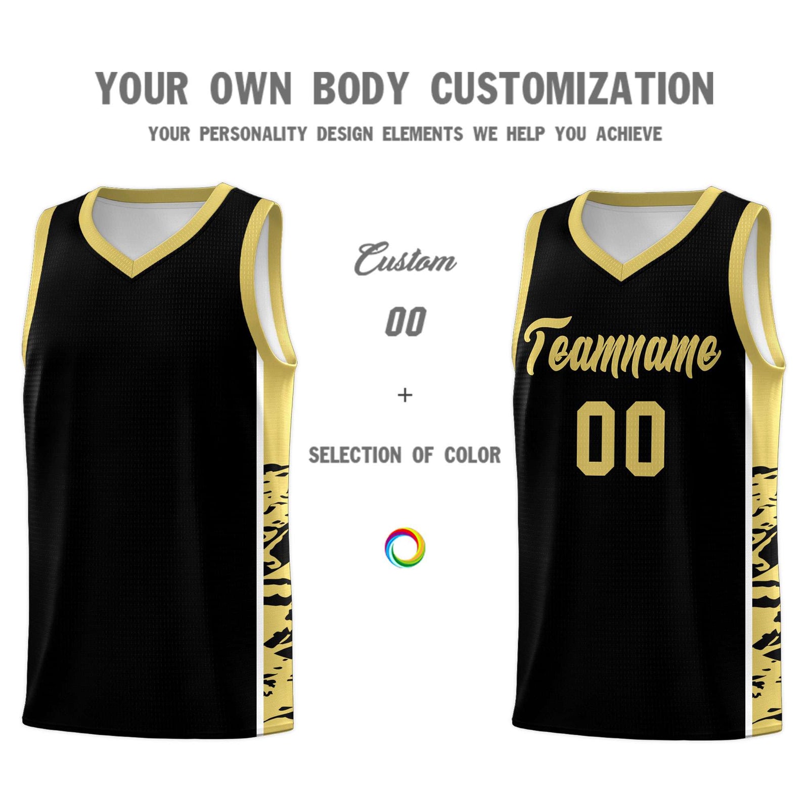 Custom Black Old Gold Side Gradient Pattern Basketball Kits