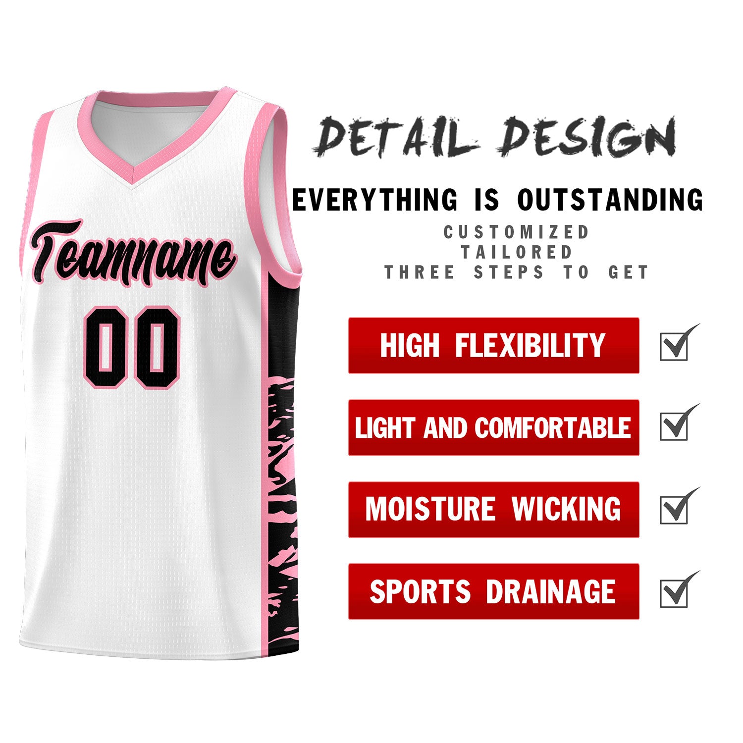 Custom White Light Pink Side Gradient Pattern Basketball Kits
