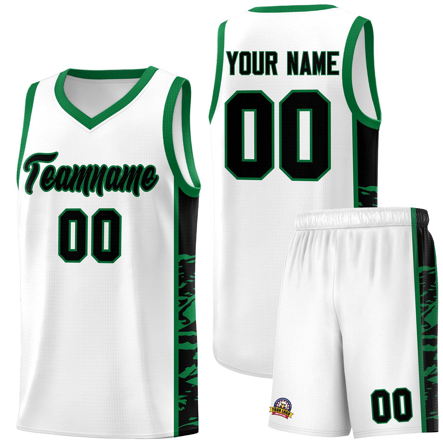 Custom White Kelly Green Side Gradient Pattern Basketball Kits