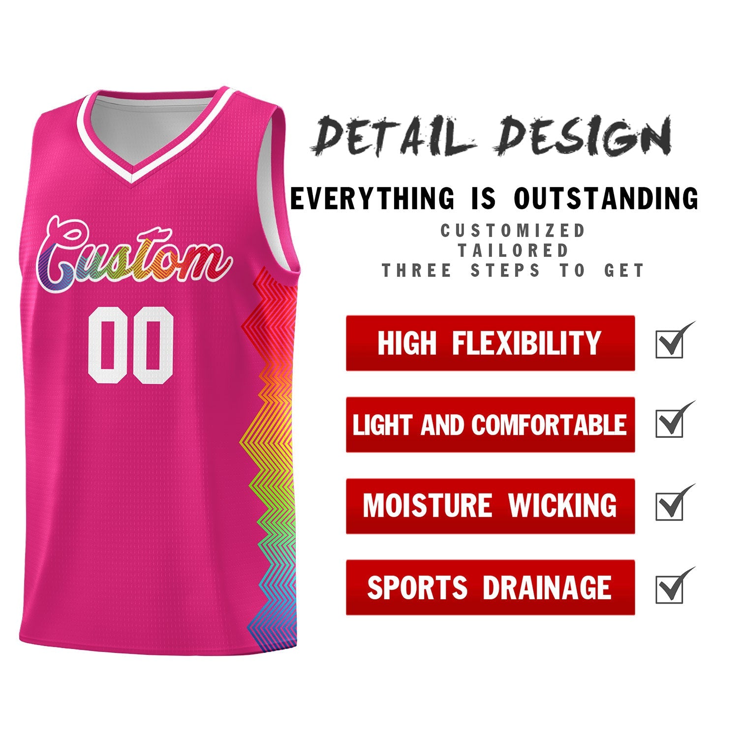 Custom Rose Red Denver Nuggets Rainbow Side Sports Uniform Basketball Jersey