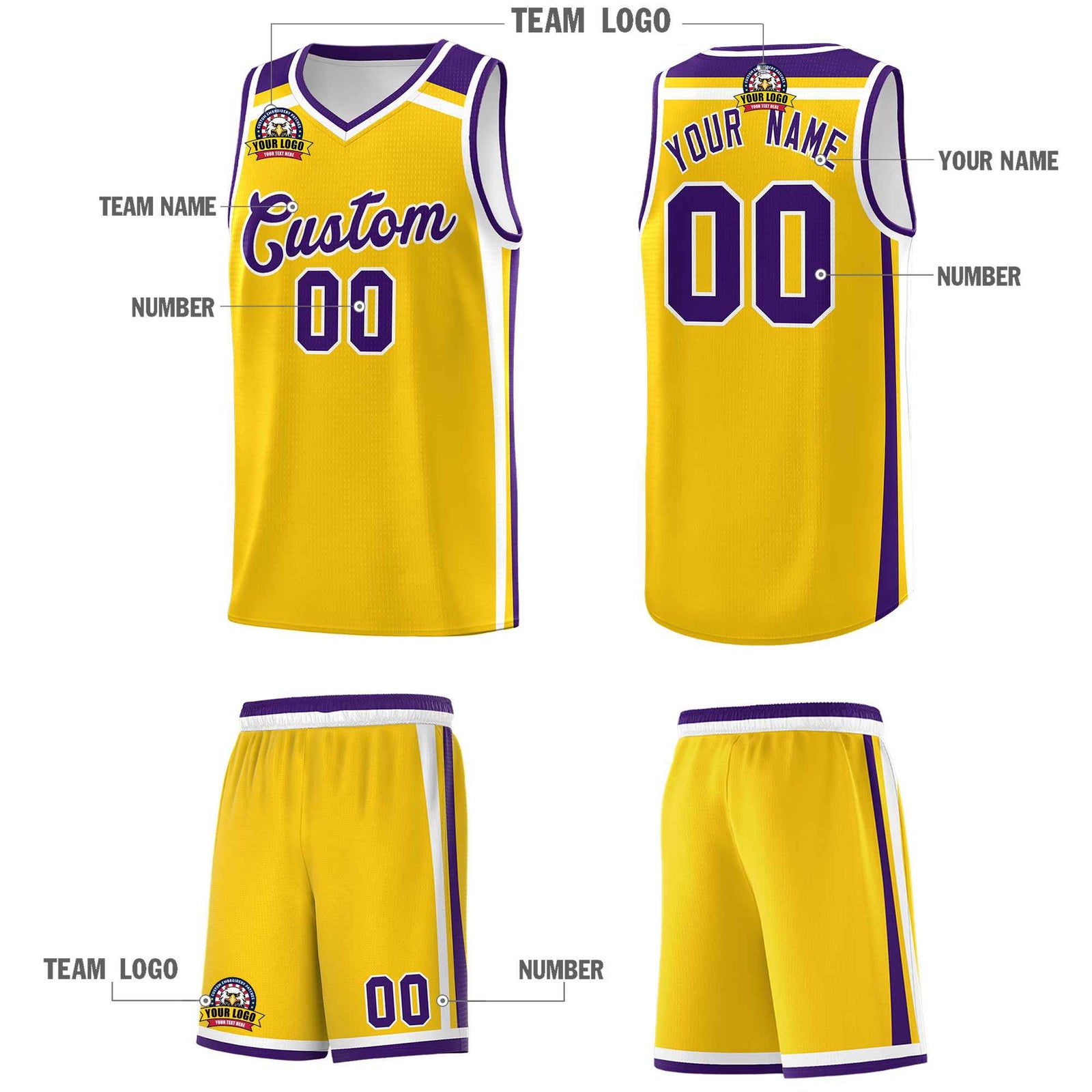 Custom Gold Purple White Trendy Color Charge Series Sports Uniform Basketball Jersey