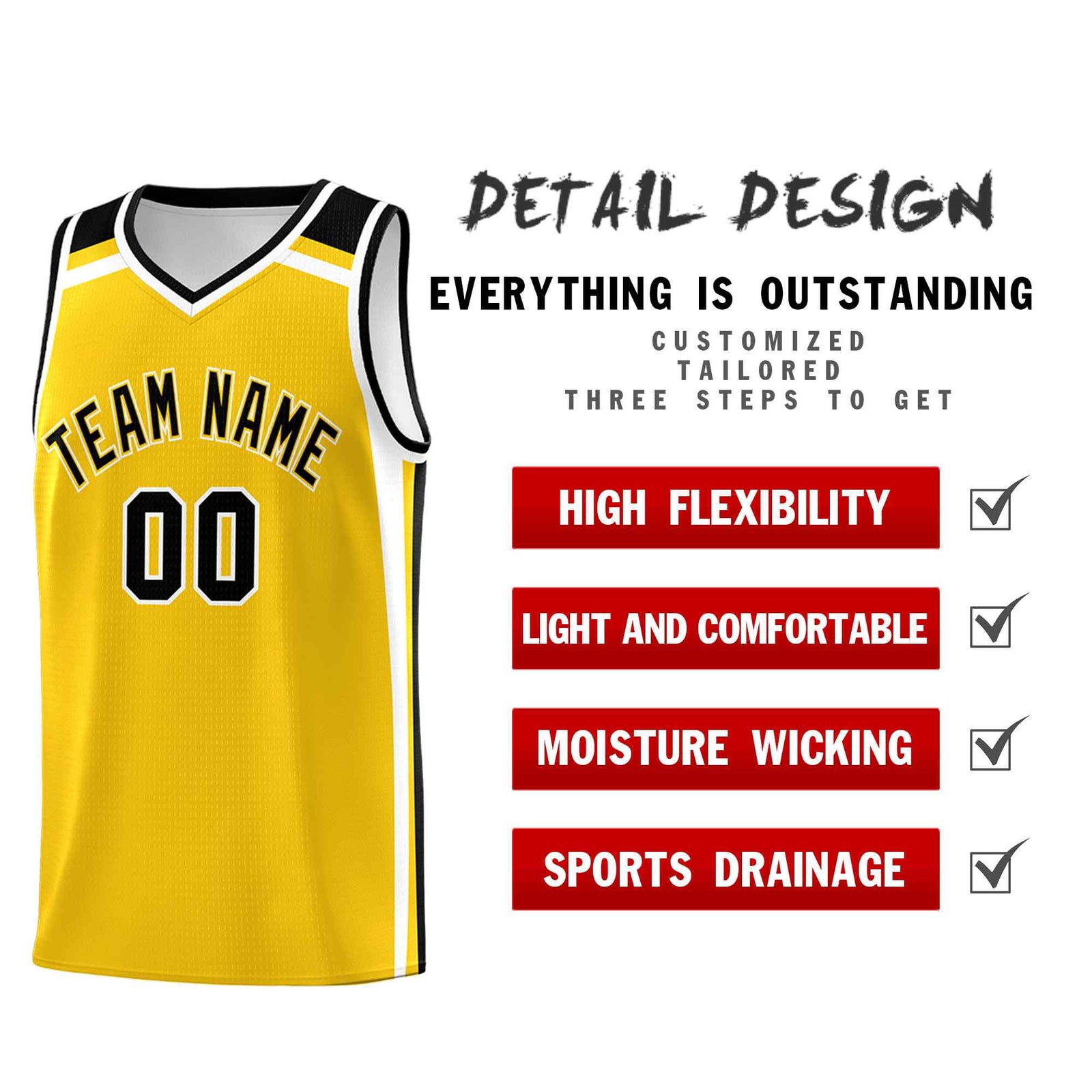 Custom Gold Black White Trendy Color Charge Series Sports Uniform Basketball Jersey