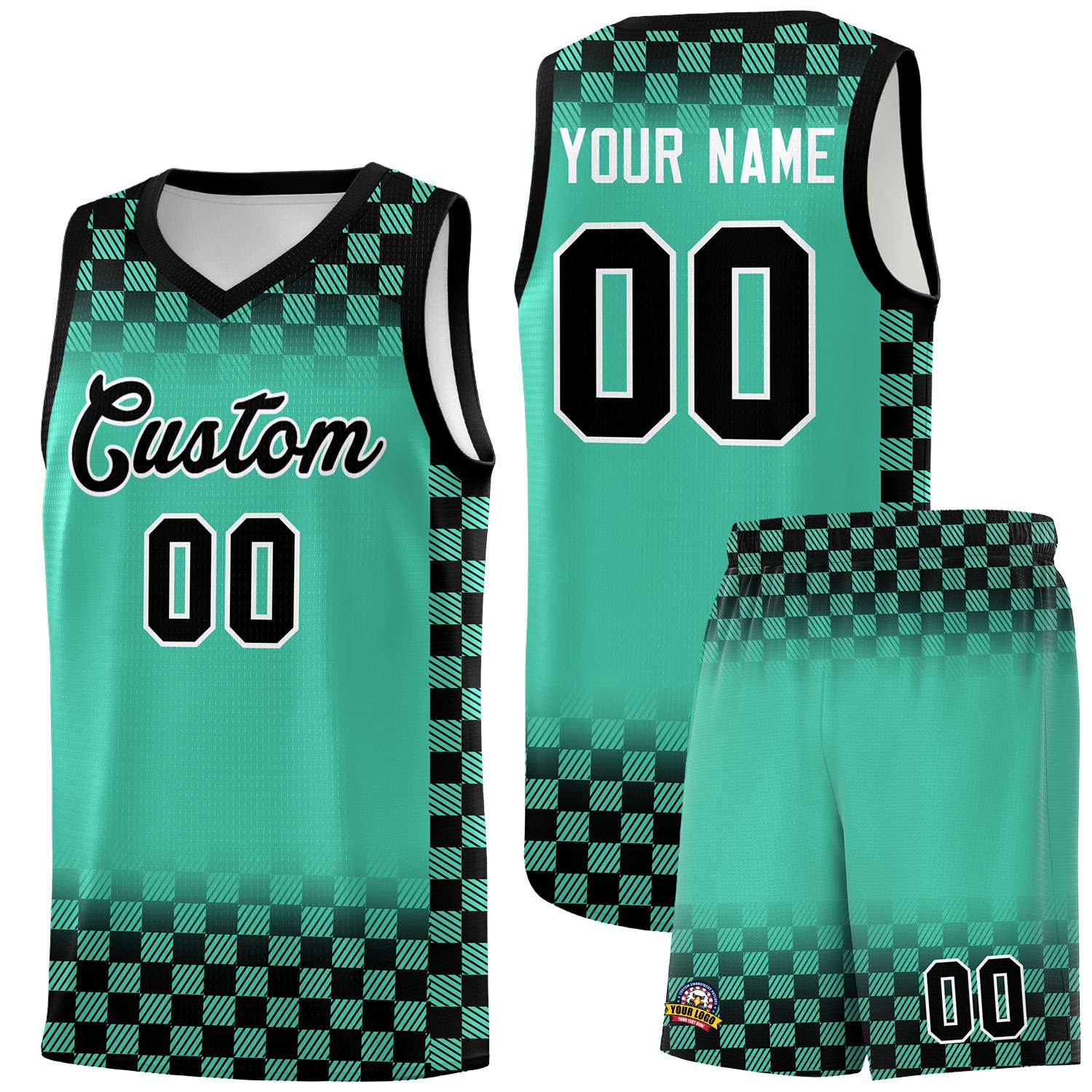 Custom Bright Green Black Classic Plaid Pattern Sports Uniform Basketball Jersey