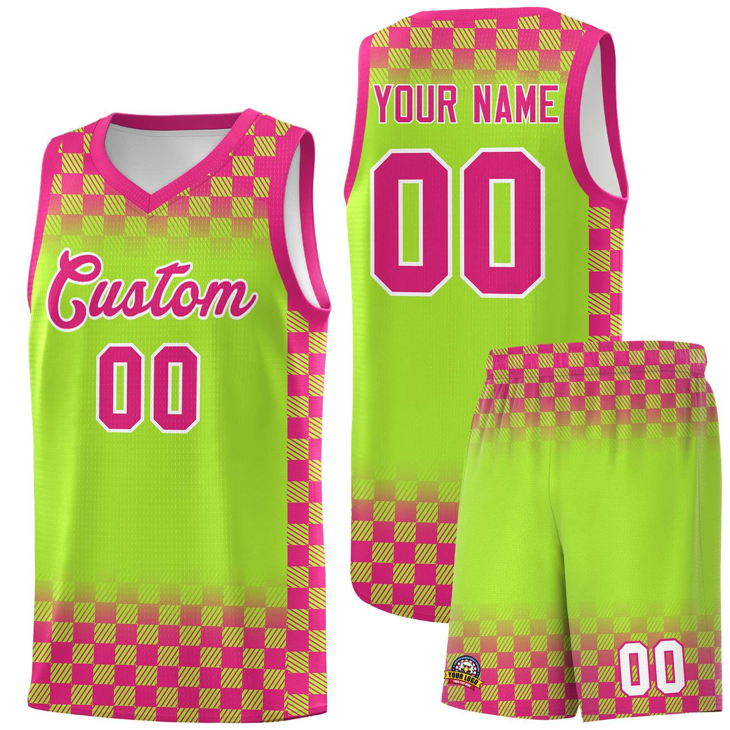 Custom Neon Green Pink Classic Plaid Pattern Sports Uniform Basketball Jersey