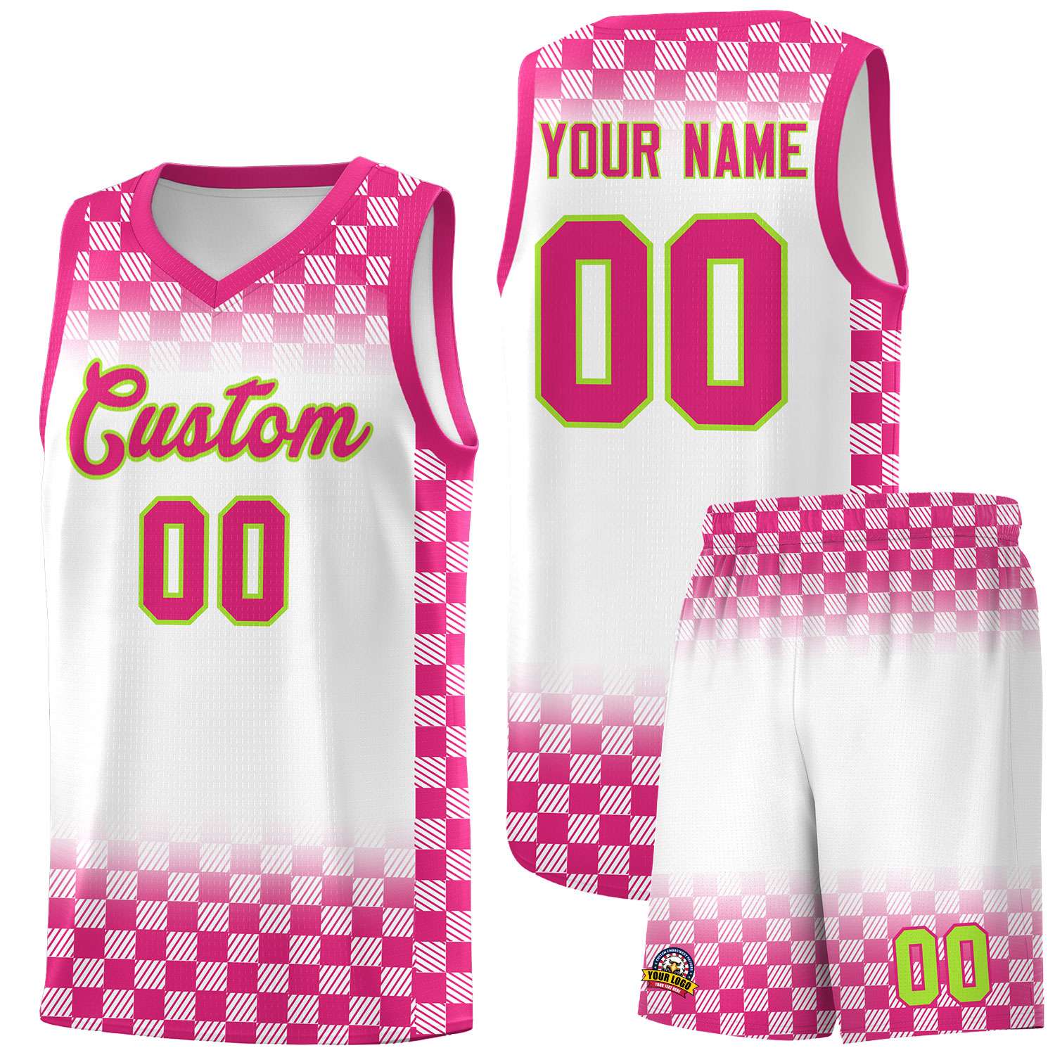 Custom White Pink Classic Plaid Pattern Sports Uniform Basketball Jersey