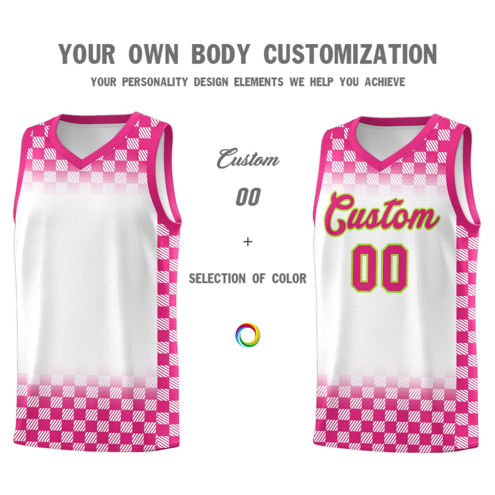 Custom White Pink Classic Plaid Pattern Sports Uniform Basketball Jersey