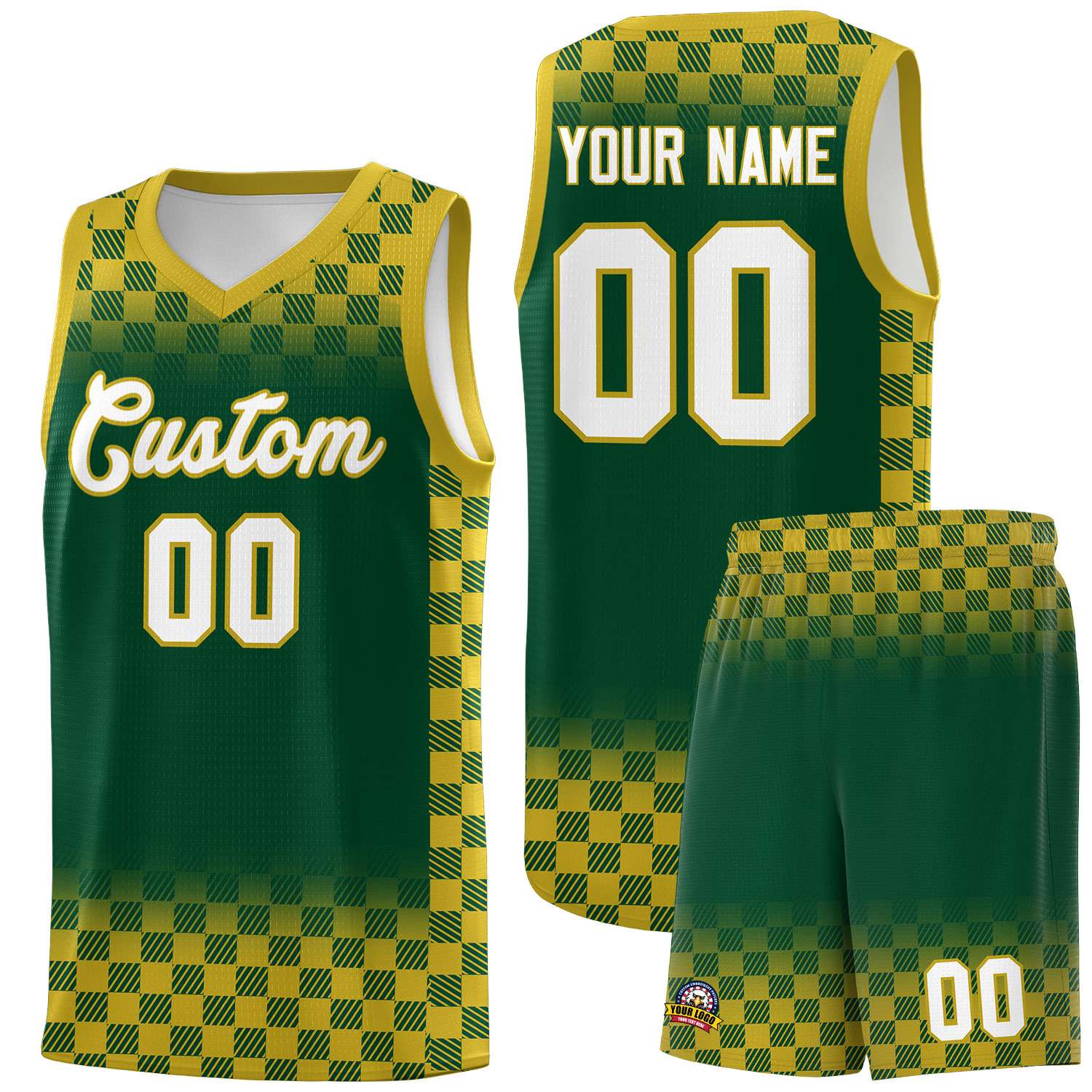 Custom Green Old Gold Classic Plaid Pattern Sports Uniform Basketball Jersey