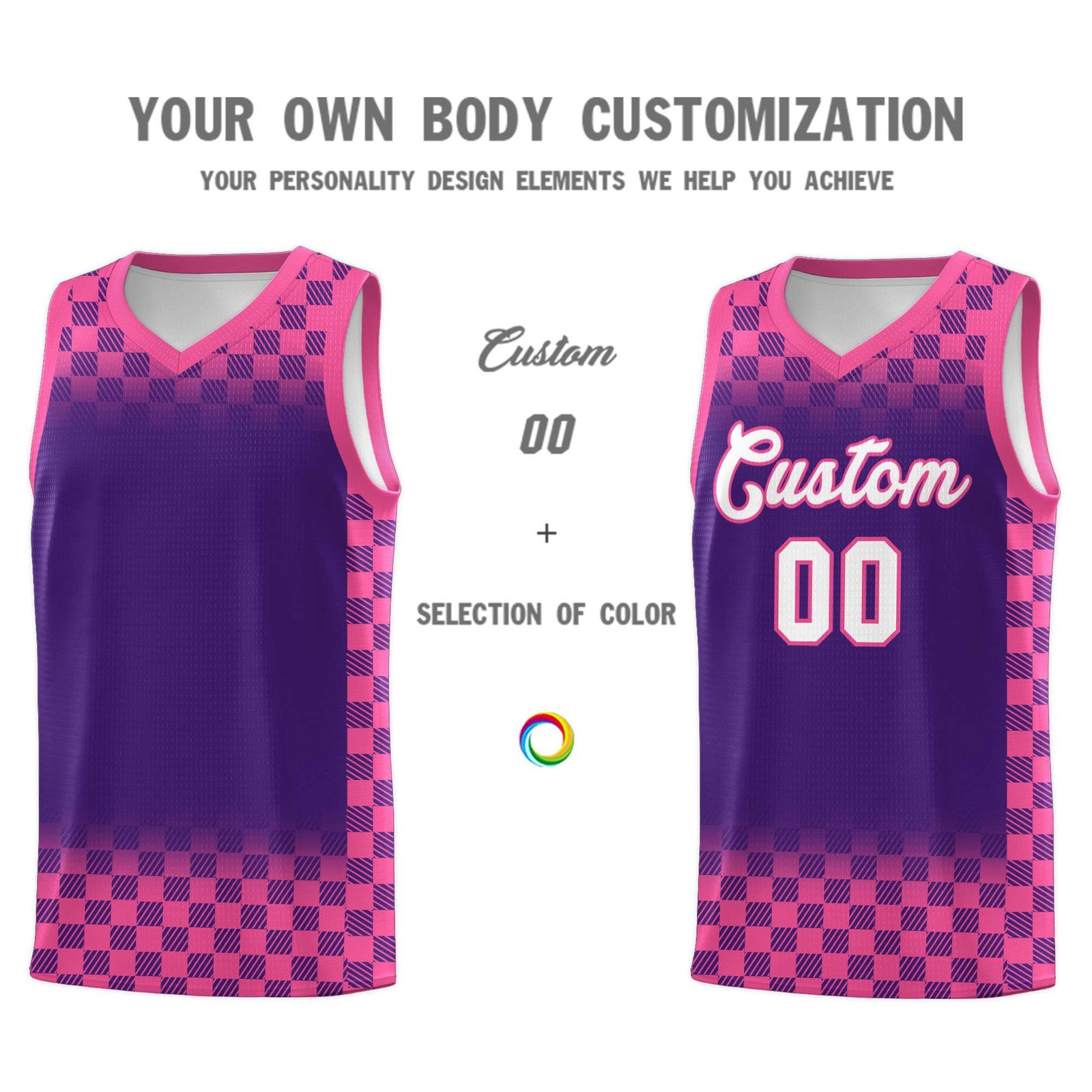 Custom Purple Pink Classic Plaid Pattern Sports Uniform Basketball Jersey