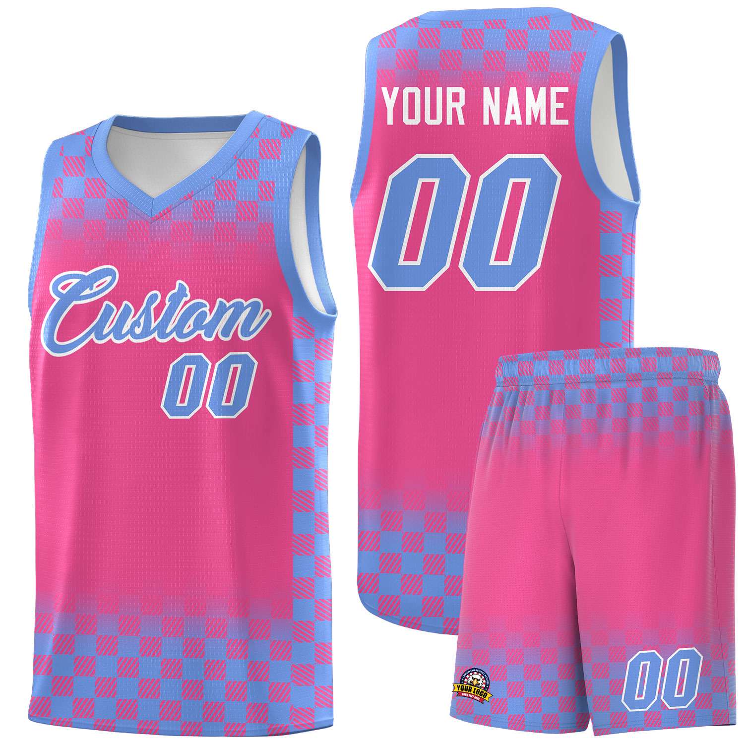 Custom Pink Light Blue Classic Plaid Pattern Sports Uniform Basketball Jersey
