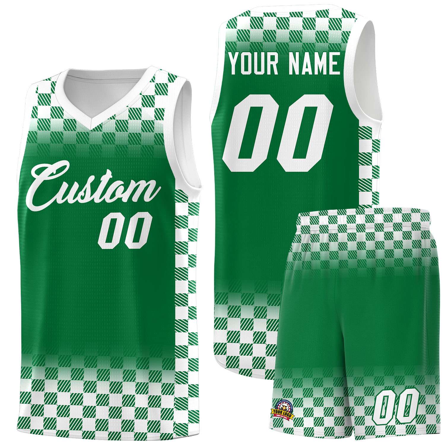 Custom Kelly Green White Classic Plaid Pattern Sports Uniform Basketball Jersey