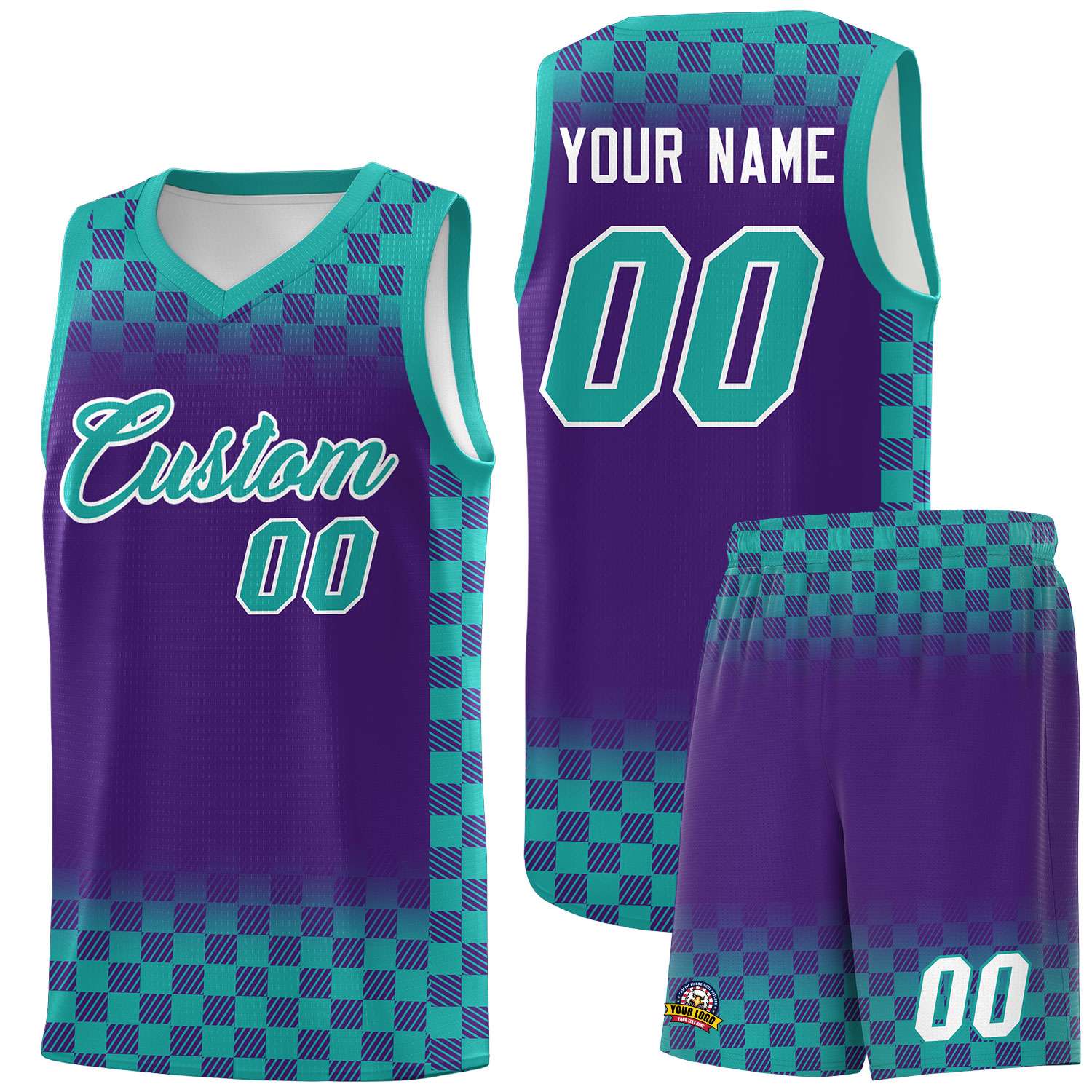 Custom Purple Aqua Classic Plaid Pattern Sports Uniform Basketball Jersey