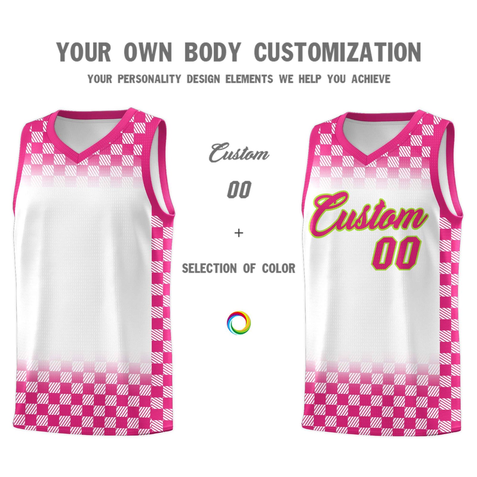 Custom White Pink Classic Plaid Pattern Sports Uniform Basketball Jersey