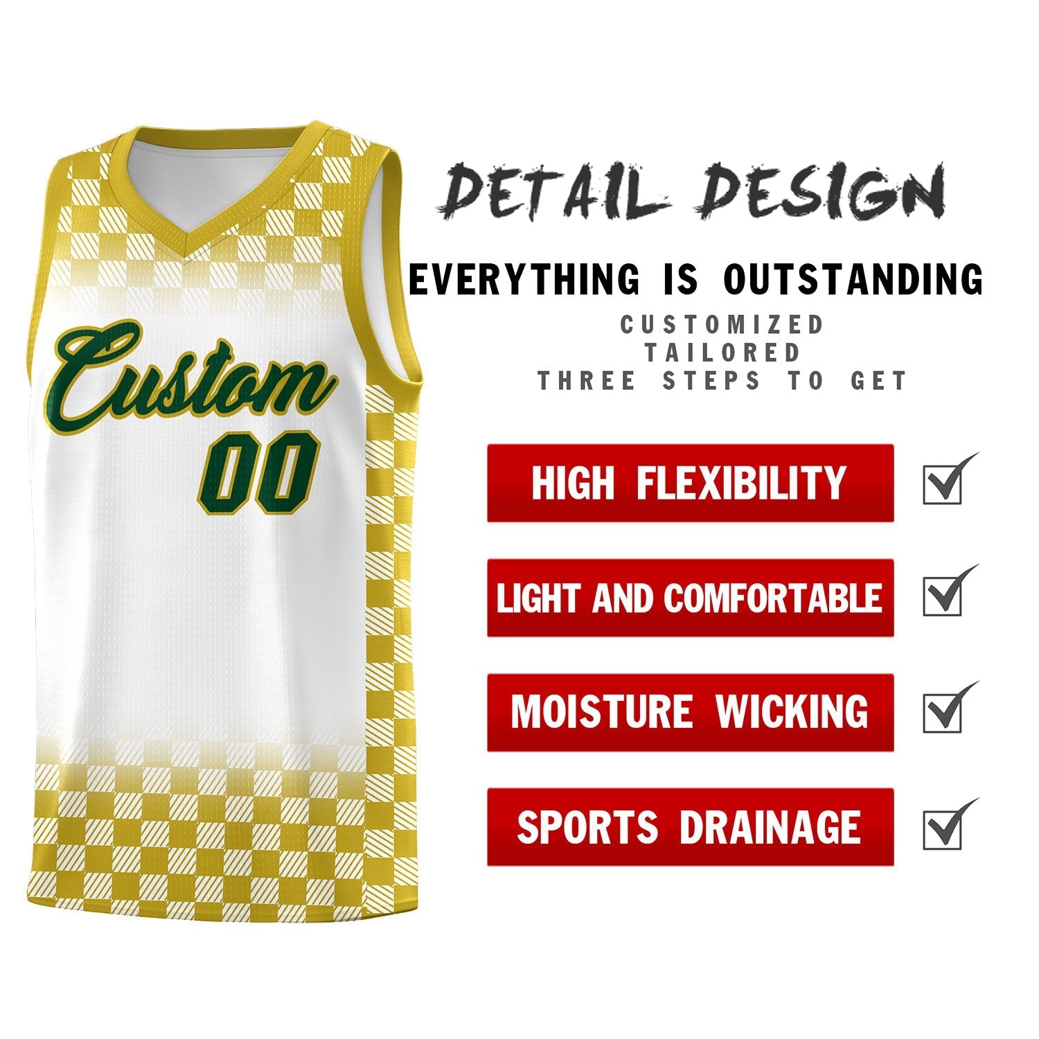 Custom White Old Gold Classic Plaid Pattern Sports Uniform Basketball Jersey