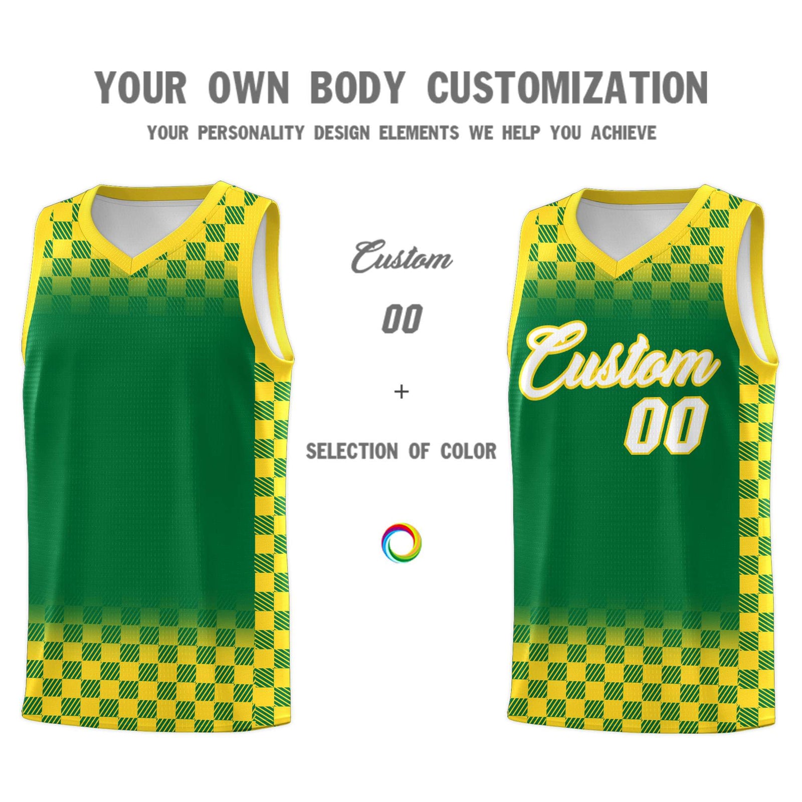 Custom Kelly Green Gold Classic Plaid Pattern Sports Uniform Basketball Jersey