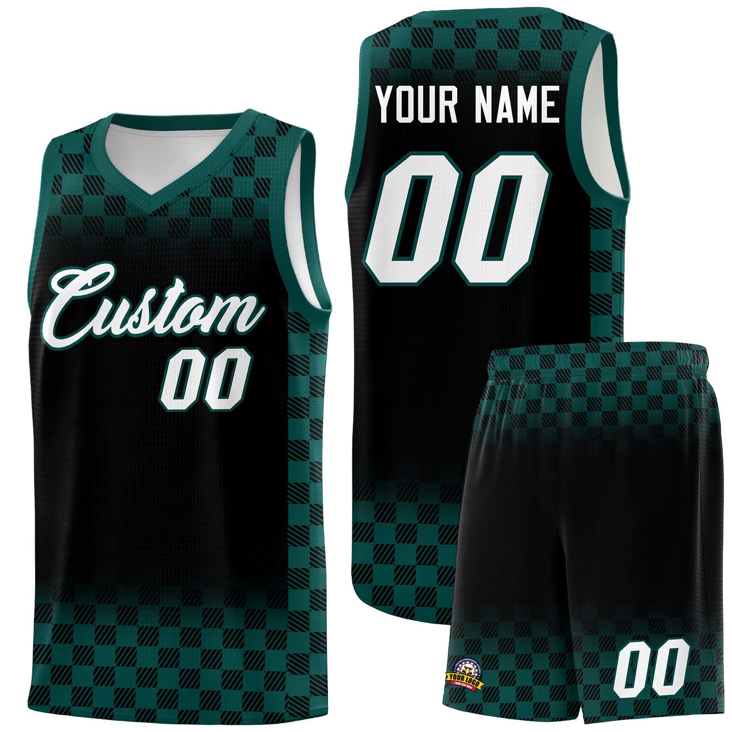 Custom Black Midnight Green Classic Plaid Pattern Sports Uniform Basketball Jersey