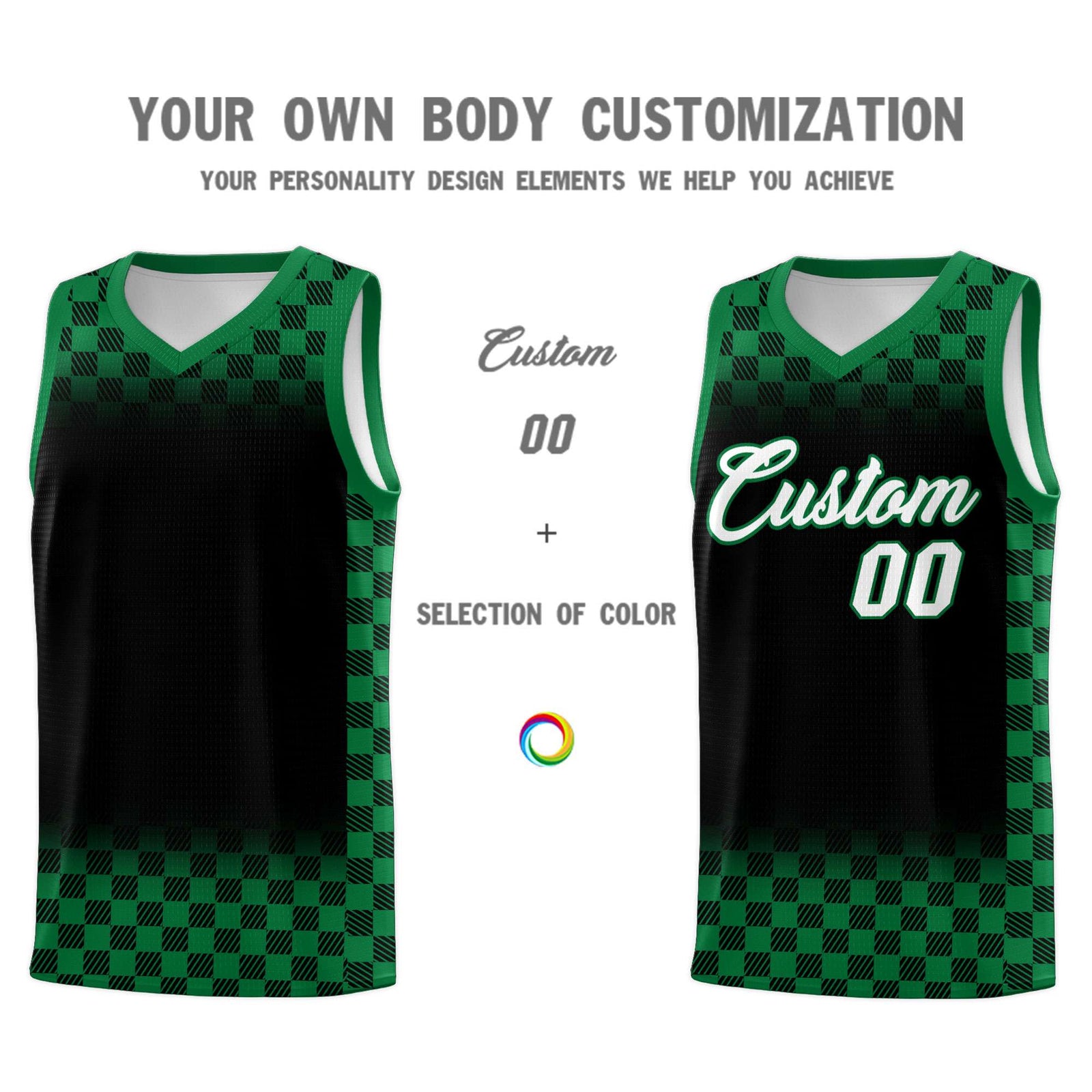 Custom Black Kelly Green Classic Plaid Pattern Sports Uniform Basketball Jersey