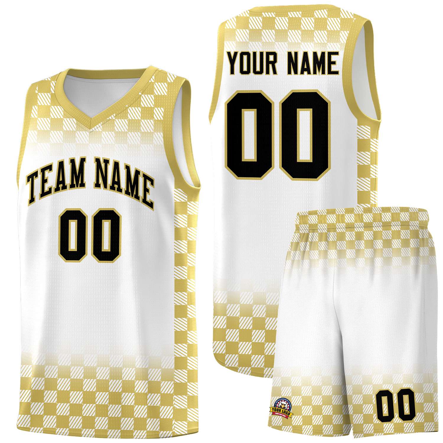 Custom White Old Gold Classic Plaid Pattern Sports Uniform Basketball Jersey