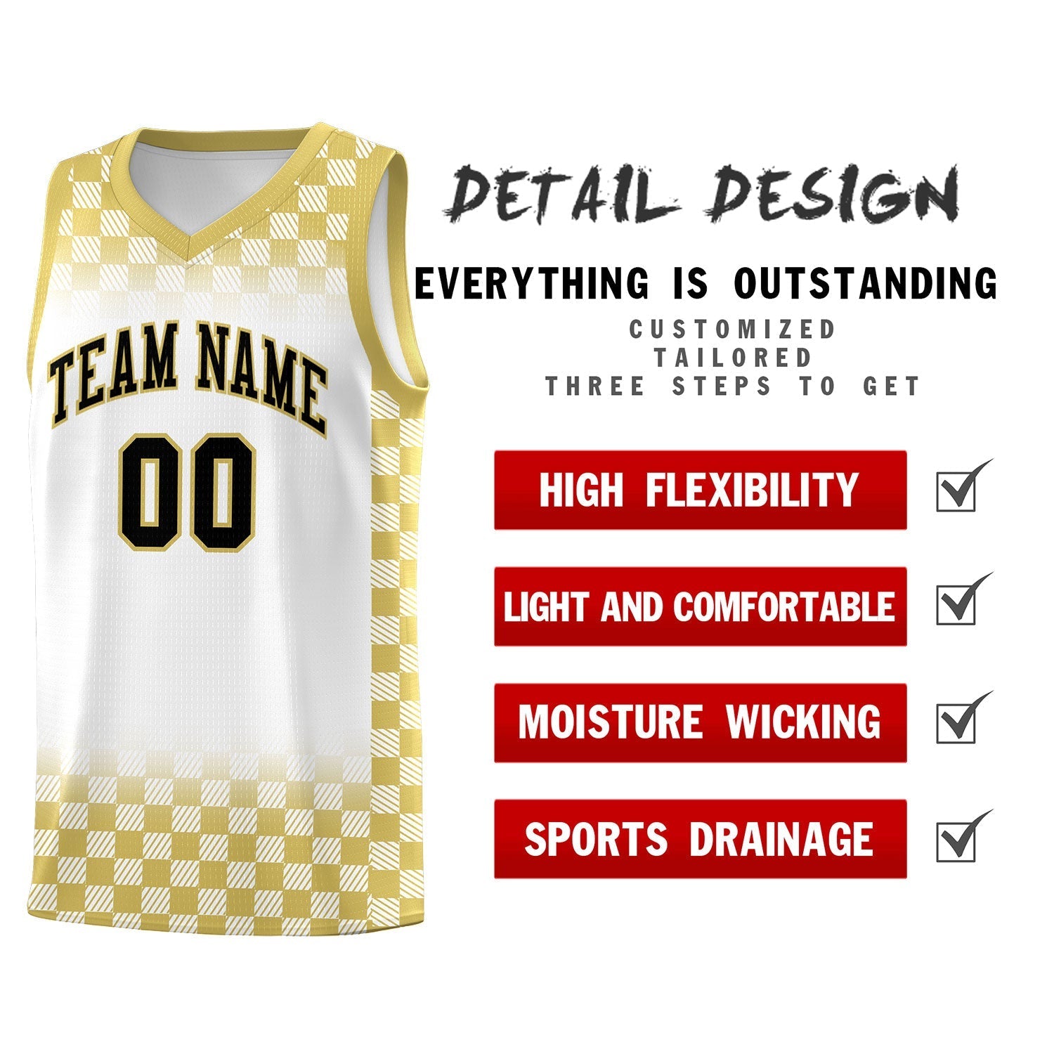 Custom White Old Gold Classic Plaid Pattern Sports Uniform Basketball Jersey