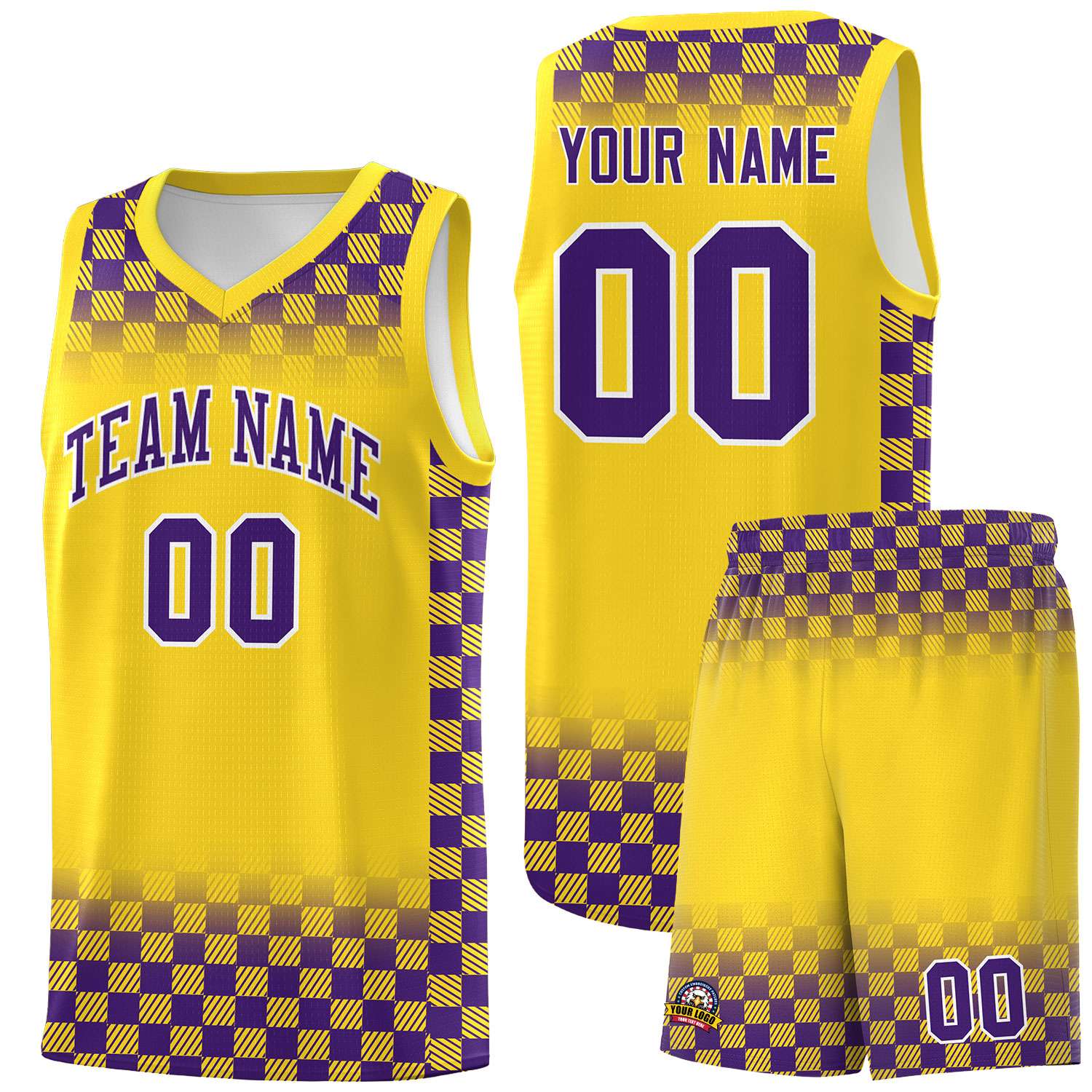 Custom Gold Purple Classic Plaid Pattern Sports Uniform Basketball Jersey
