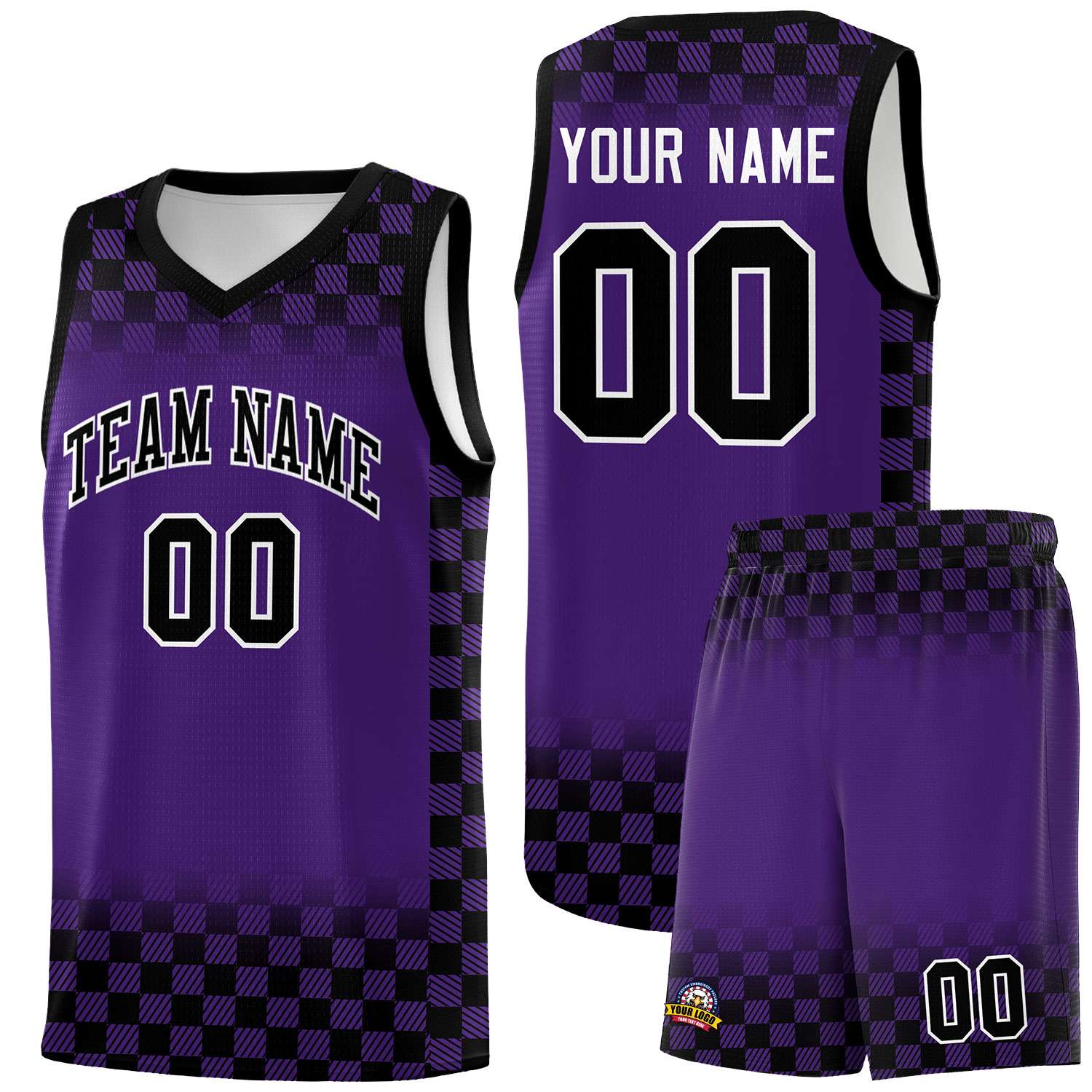 Custom Purple Black Classic Plaid Pattern Sports Uniform Basketball Jersey