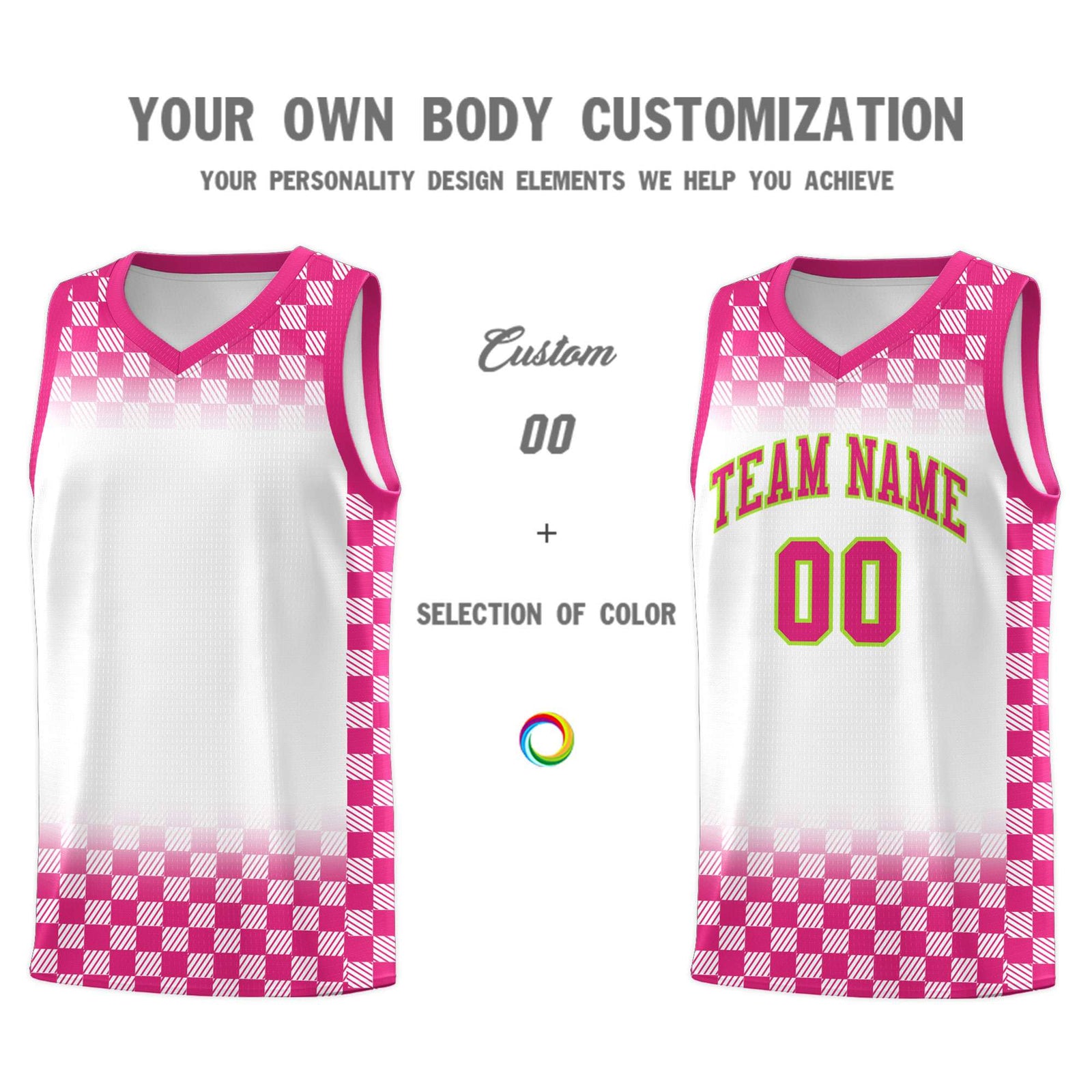 Custom White Pink Classic Plaid Pattern Sports Uniform Basketball Jersey