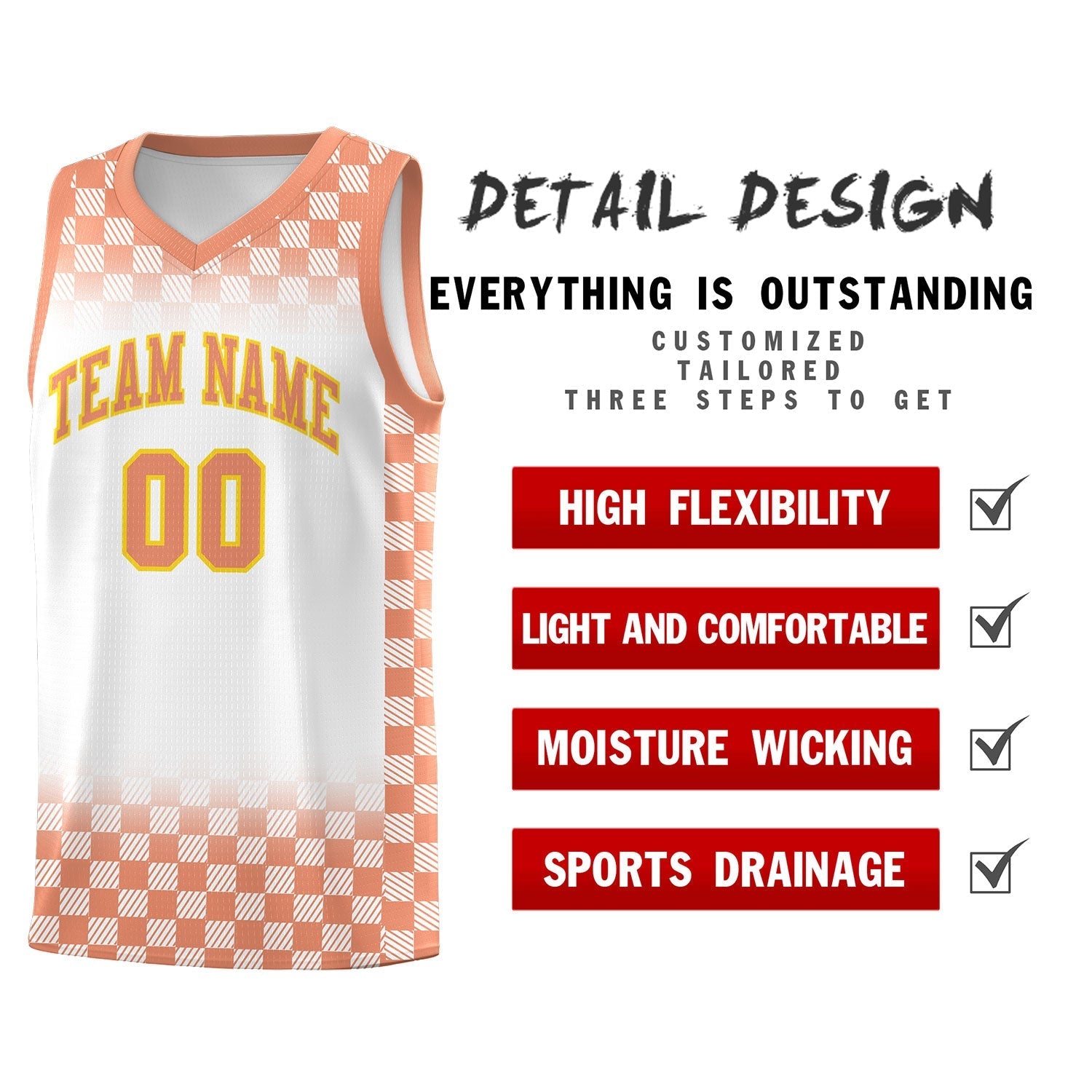 Custom White Light Orange Classic Plaid Pattern Sports Uniform Basketball Jersey