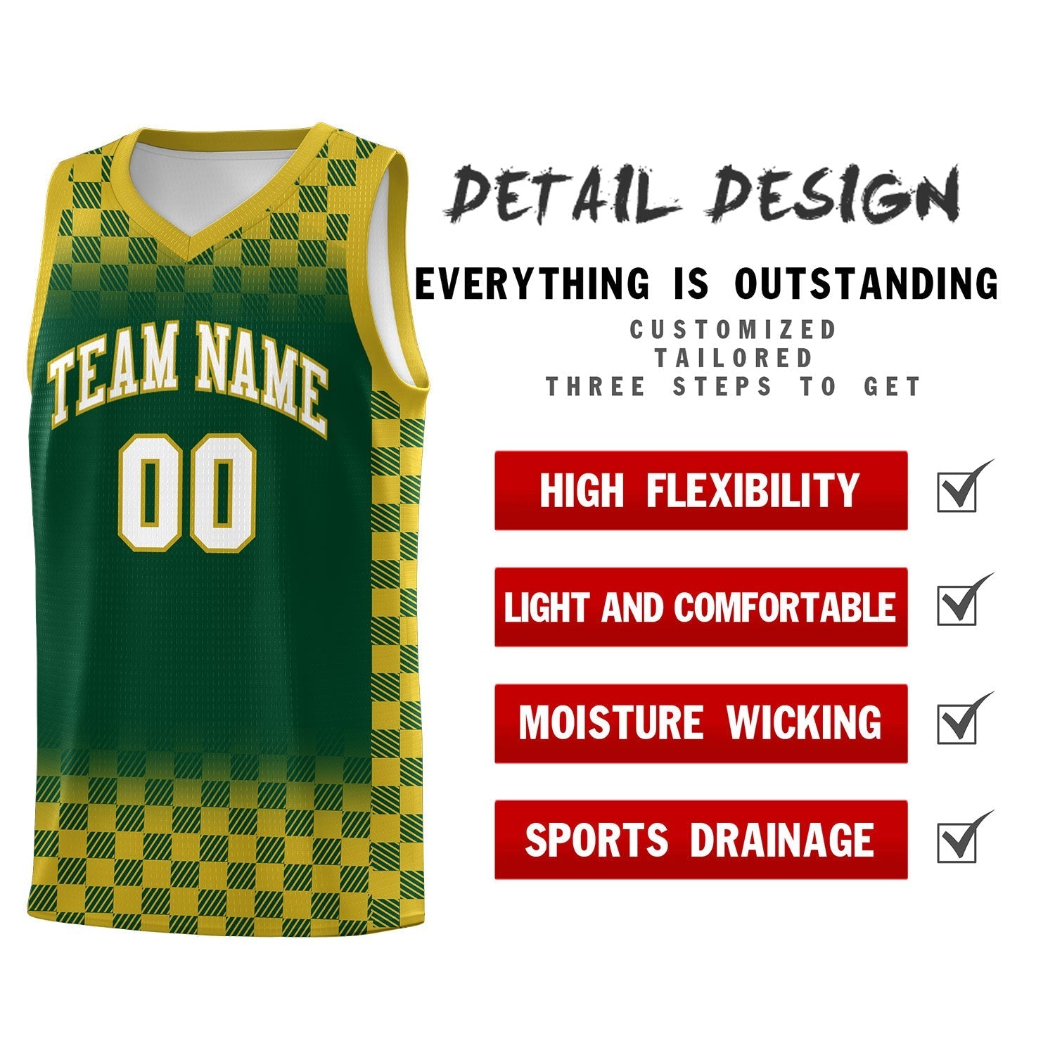 Custom Green Old Gold Classic Plaid Pattern Sports Uniform Basketball Jersey