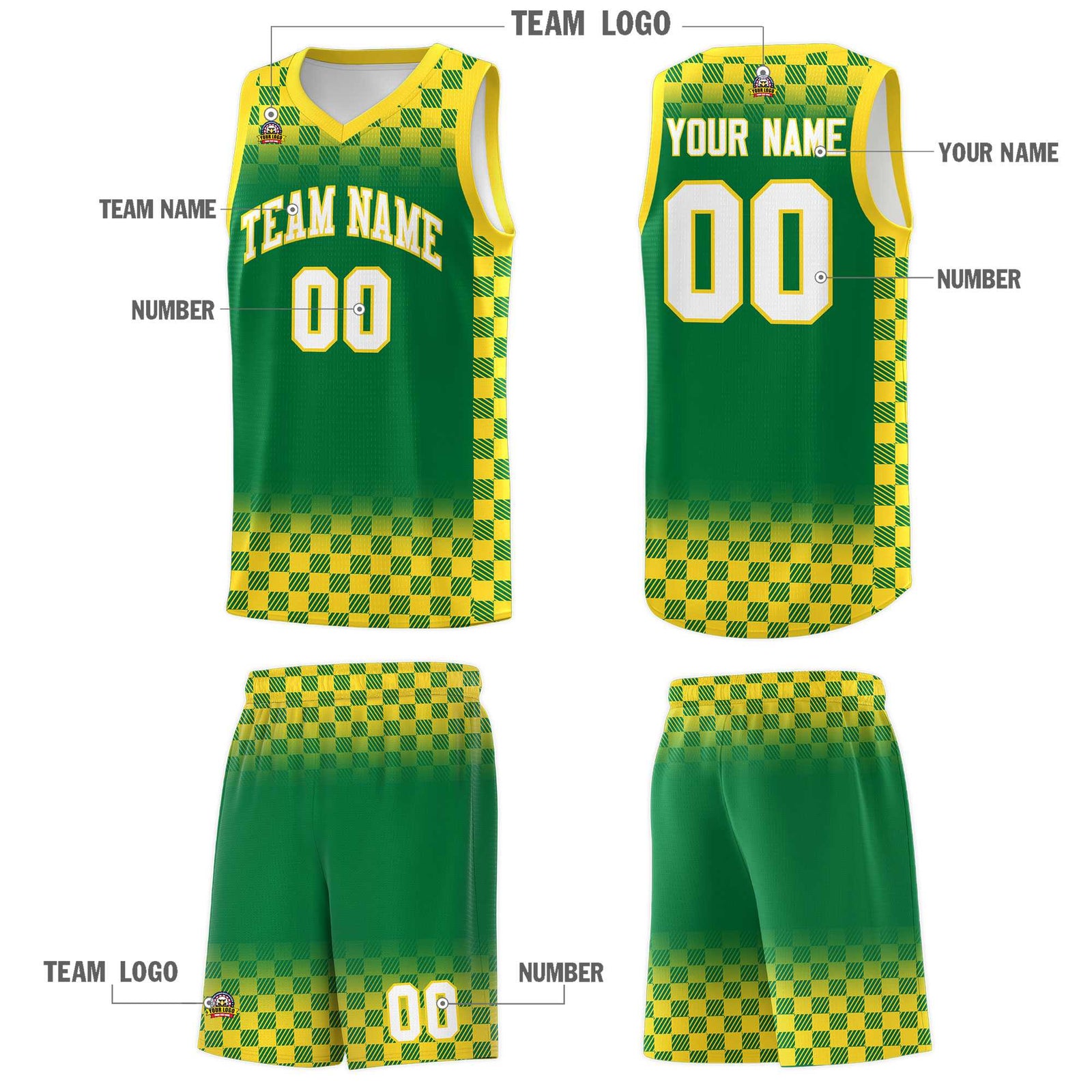 Custom Kelly Green Gold Classic Plaid Pattern Sports Uniform Basketball Jersey