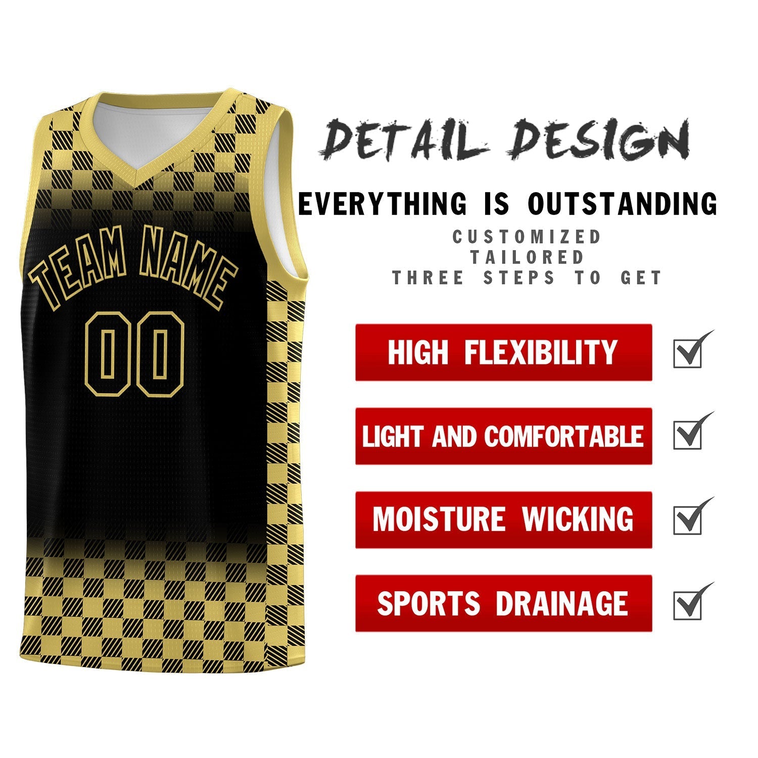 Custom Black Old Gold Classic Plaid Pattern Sports Uniform Basketball Jersey