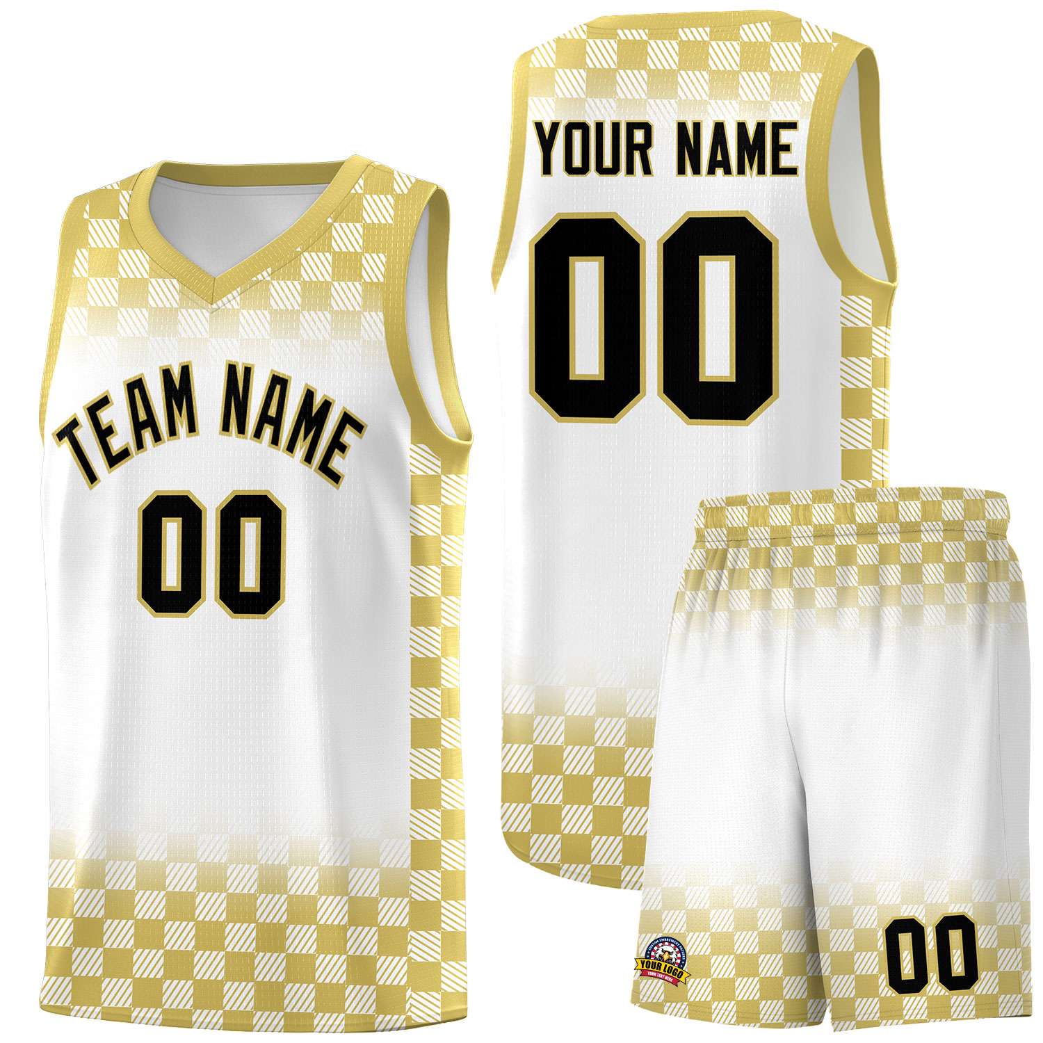 Custom White Old Gold Classic Plaid Pattern Sports Uniform Basketball Jersey