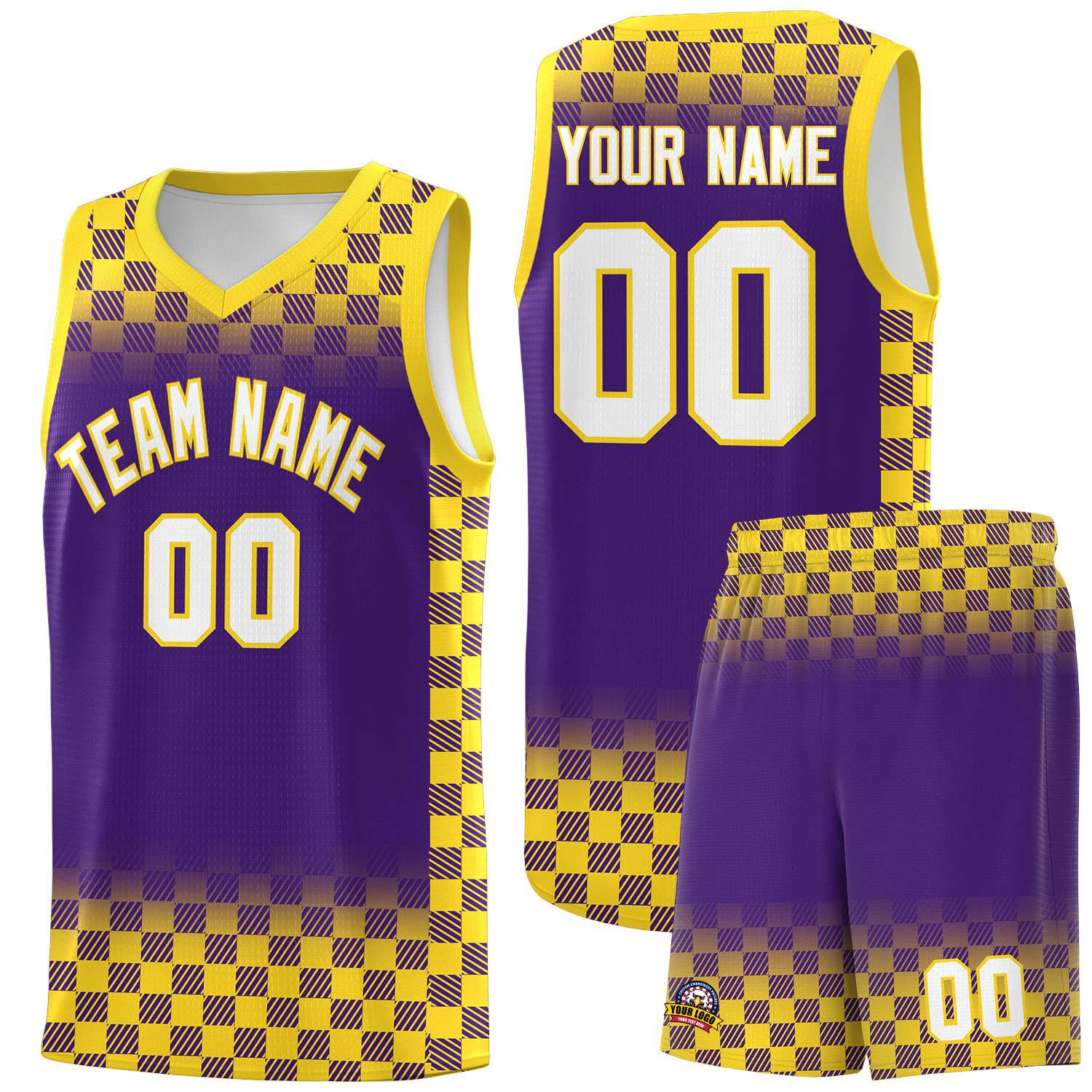Custom Purple Gold Classic Plaid Pattern Sports Uniform Basketball Jersey