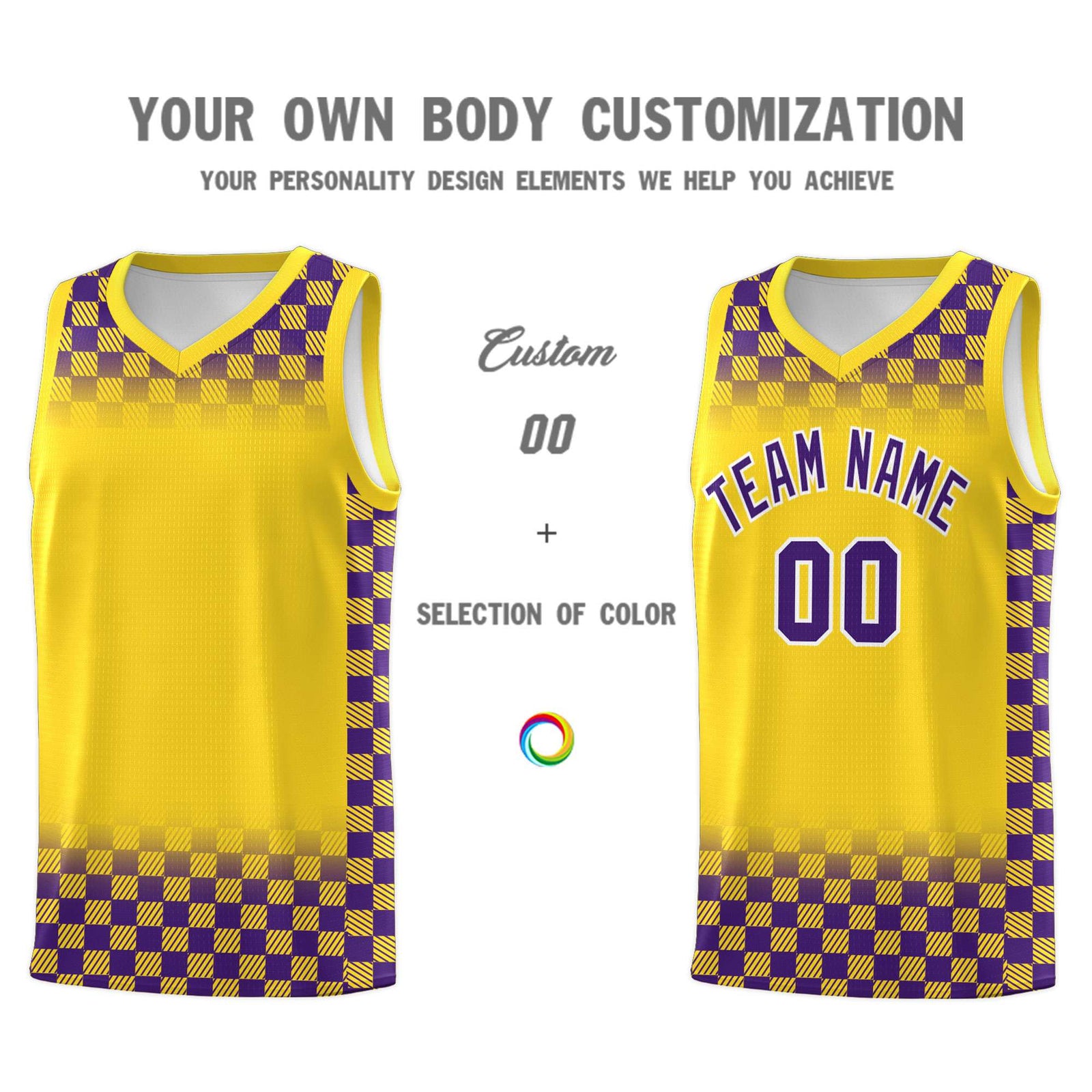 Custom Gold Purple Classic Plaid Pattern Sports Uniform Basketball Jersey