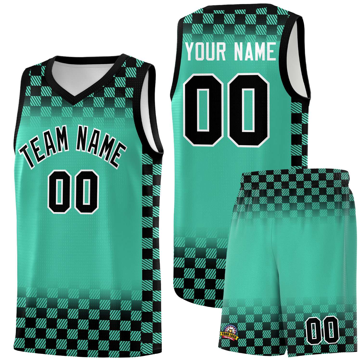 Custom Bright Green Black Classic Plaid Pattern Sports Uniform Basketball Jersey
