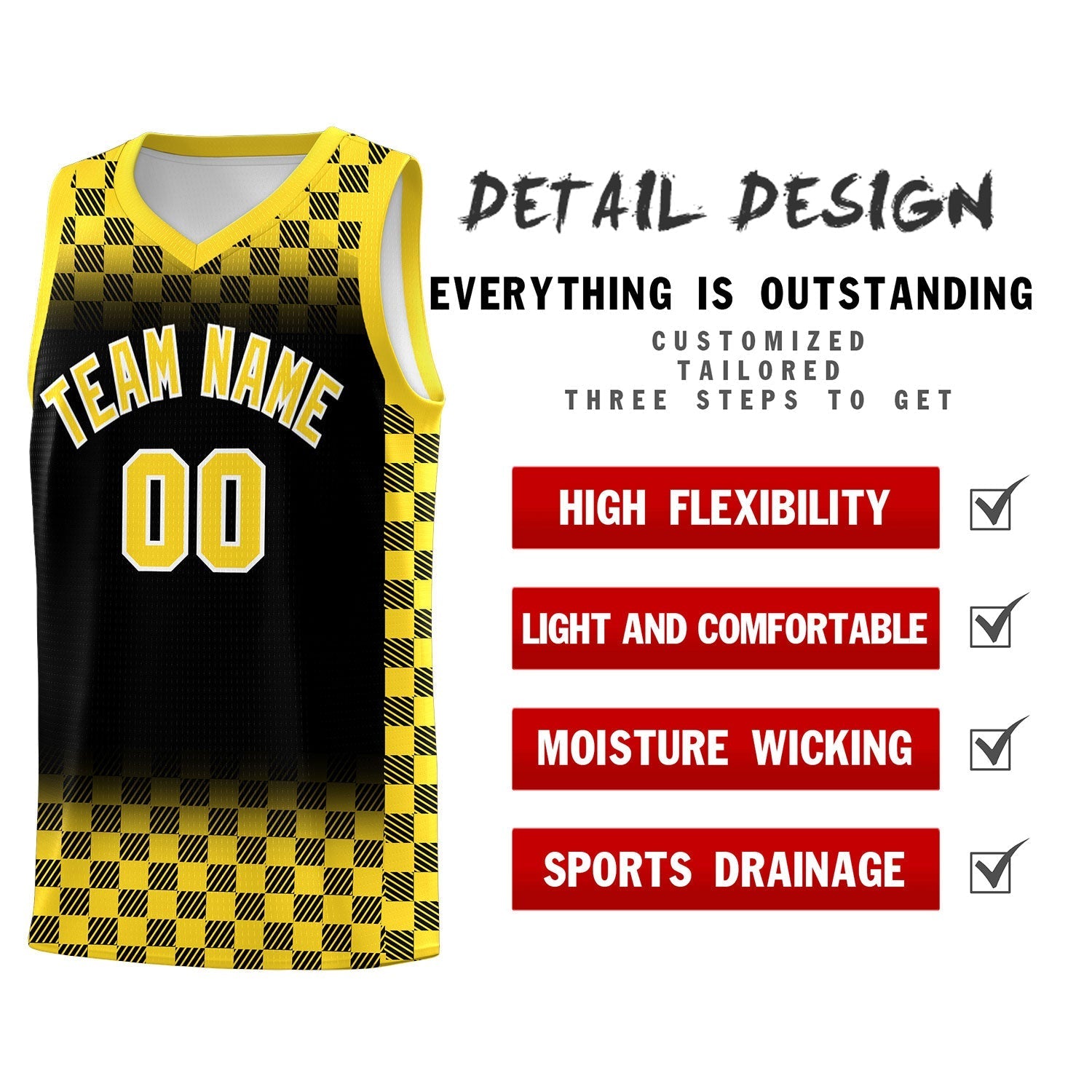 Custom Black Gold Classic Plaid Pattern Sports Uniform Basketball Jersey