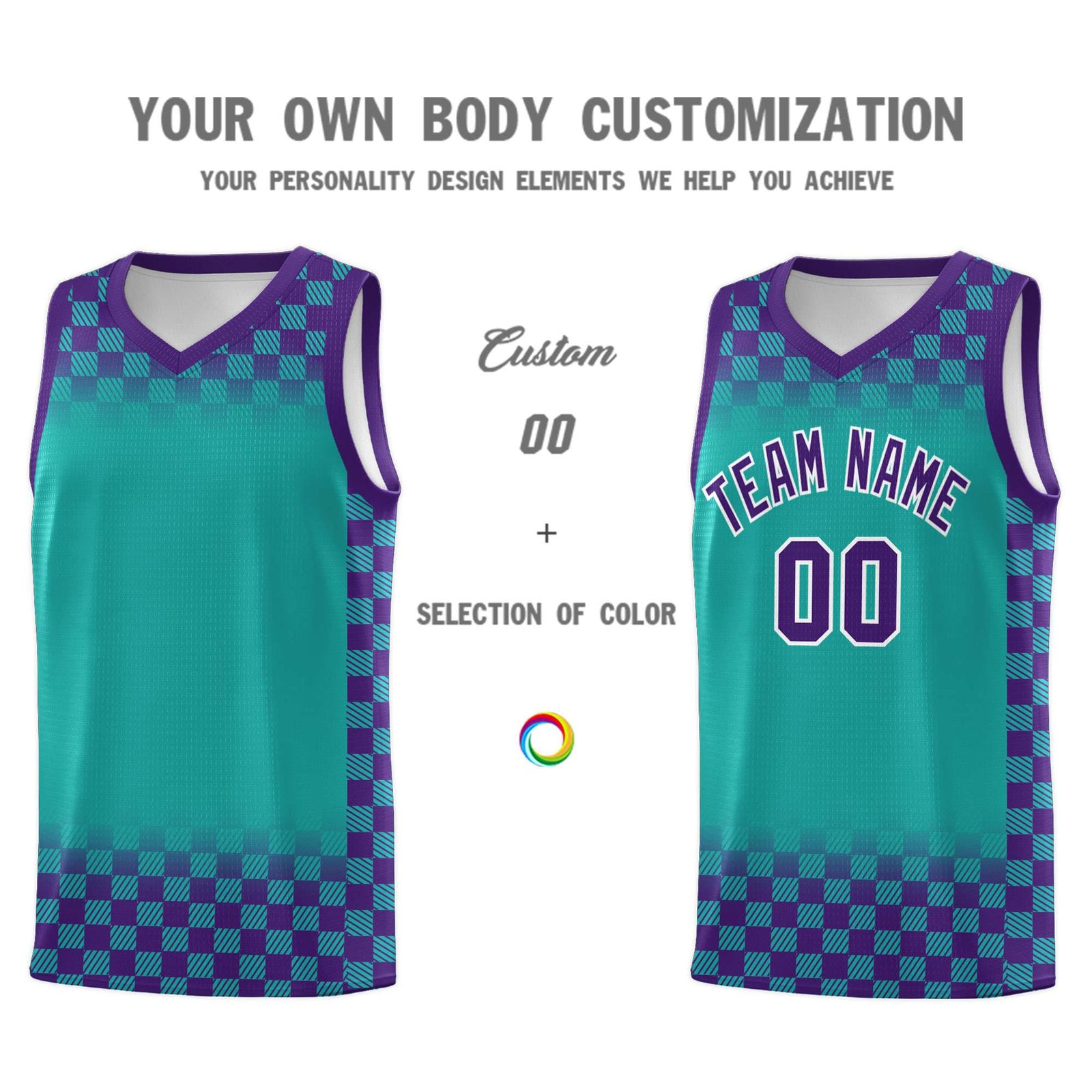Custom Aqua Purple Classic Plaid Pattern Sports Uniform Basketball Jersey