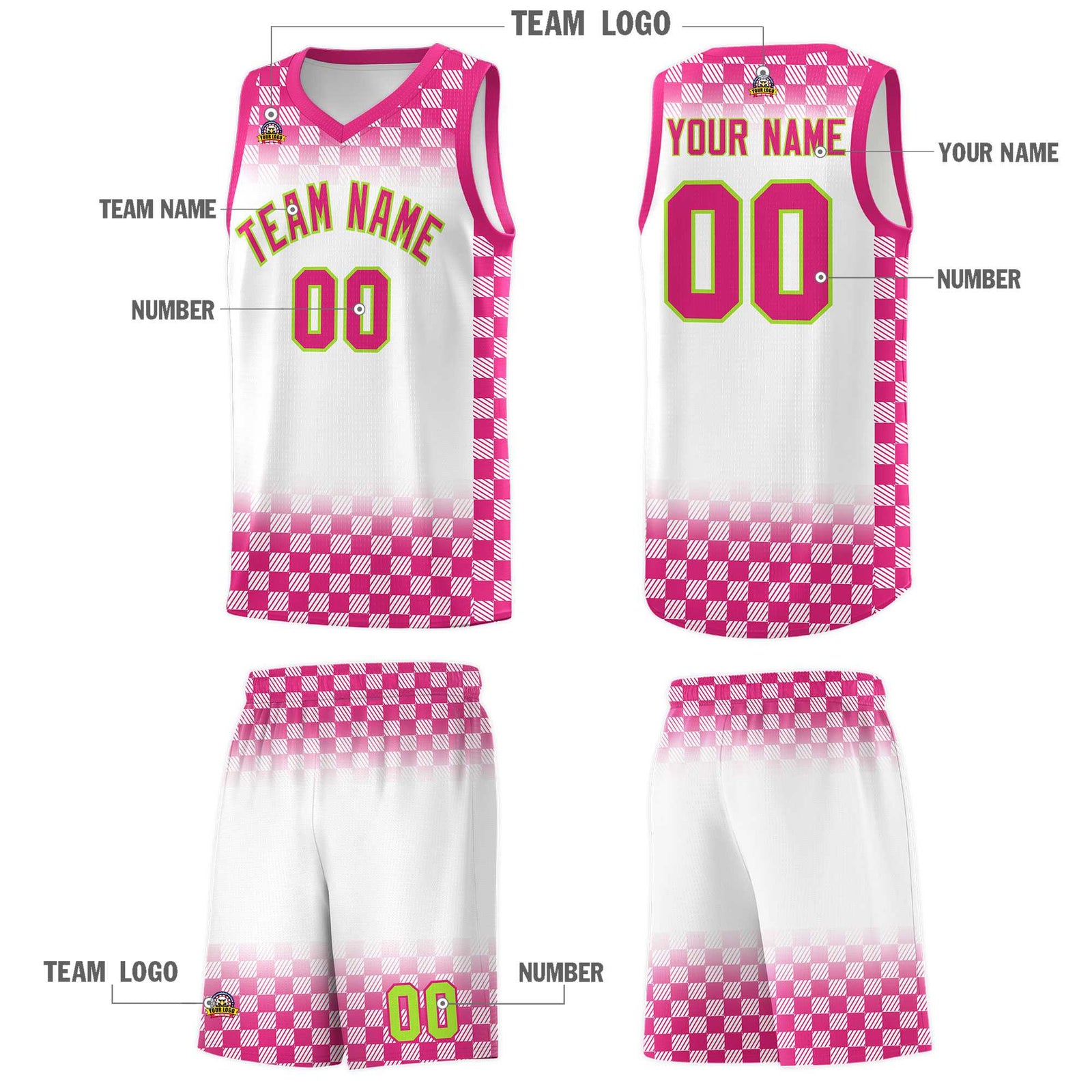 Custom White Pink Classic Plaid Pattern Sports Uniform Basketball Jersey
