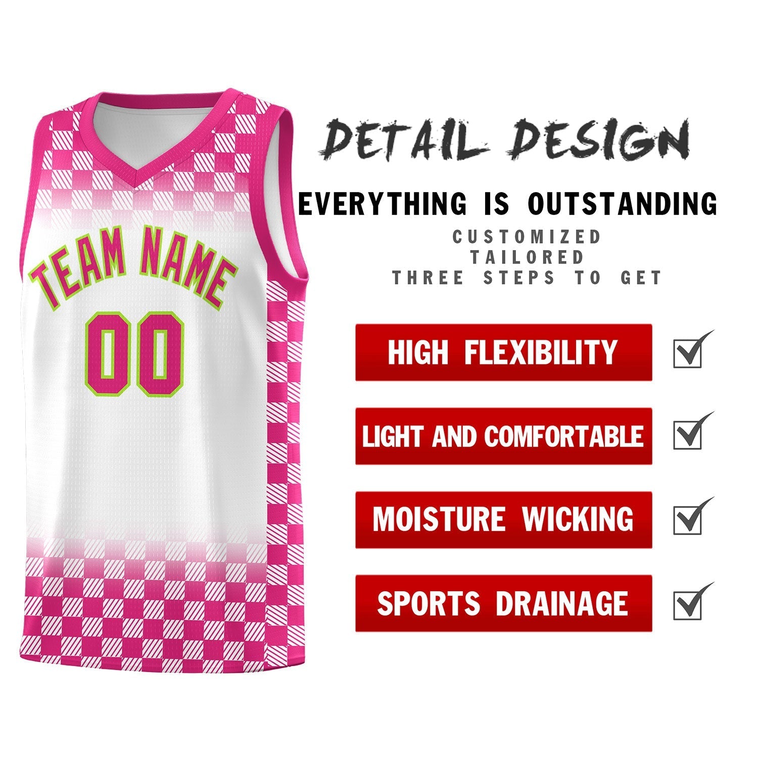 Custom White Pink Classic Plaid Pattern Sports Uniform Basketball Jersey