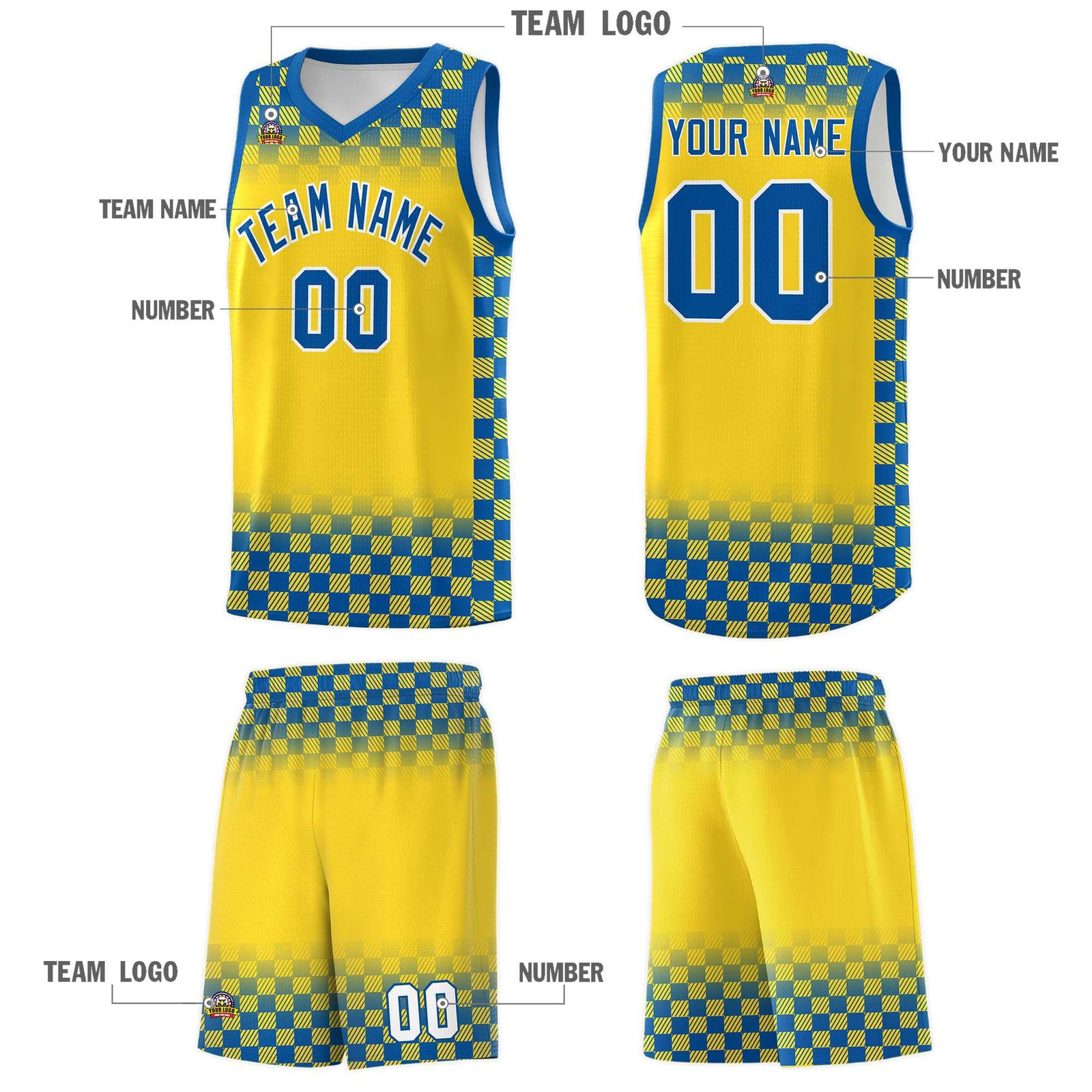 Custom Gold Royal Classic Plaid Pattern Sports Uniform Basketball Jersey